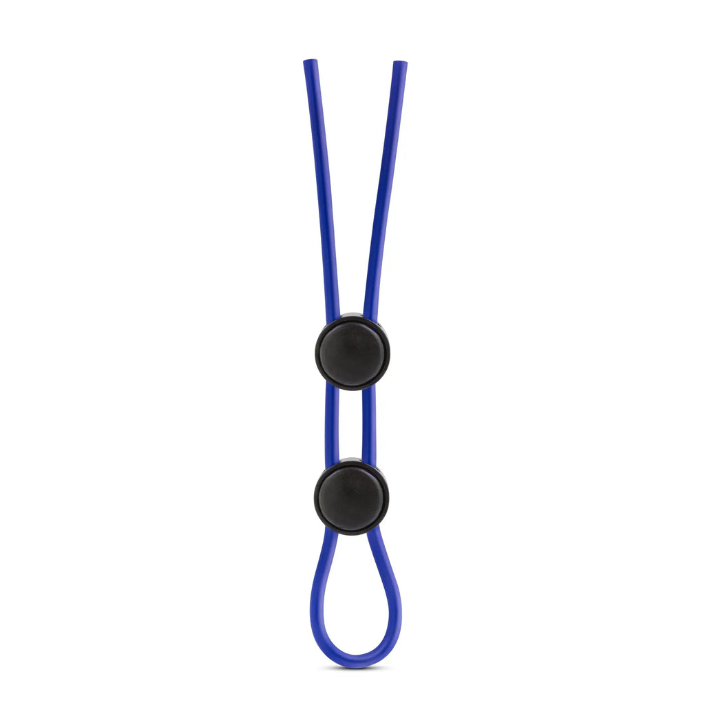 Stay Hard silicone double loop cock ring in blue with two black circular clasps and looped end visible from the back
