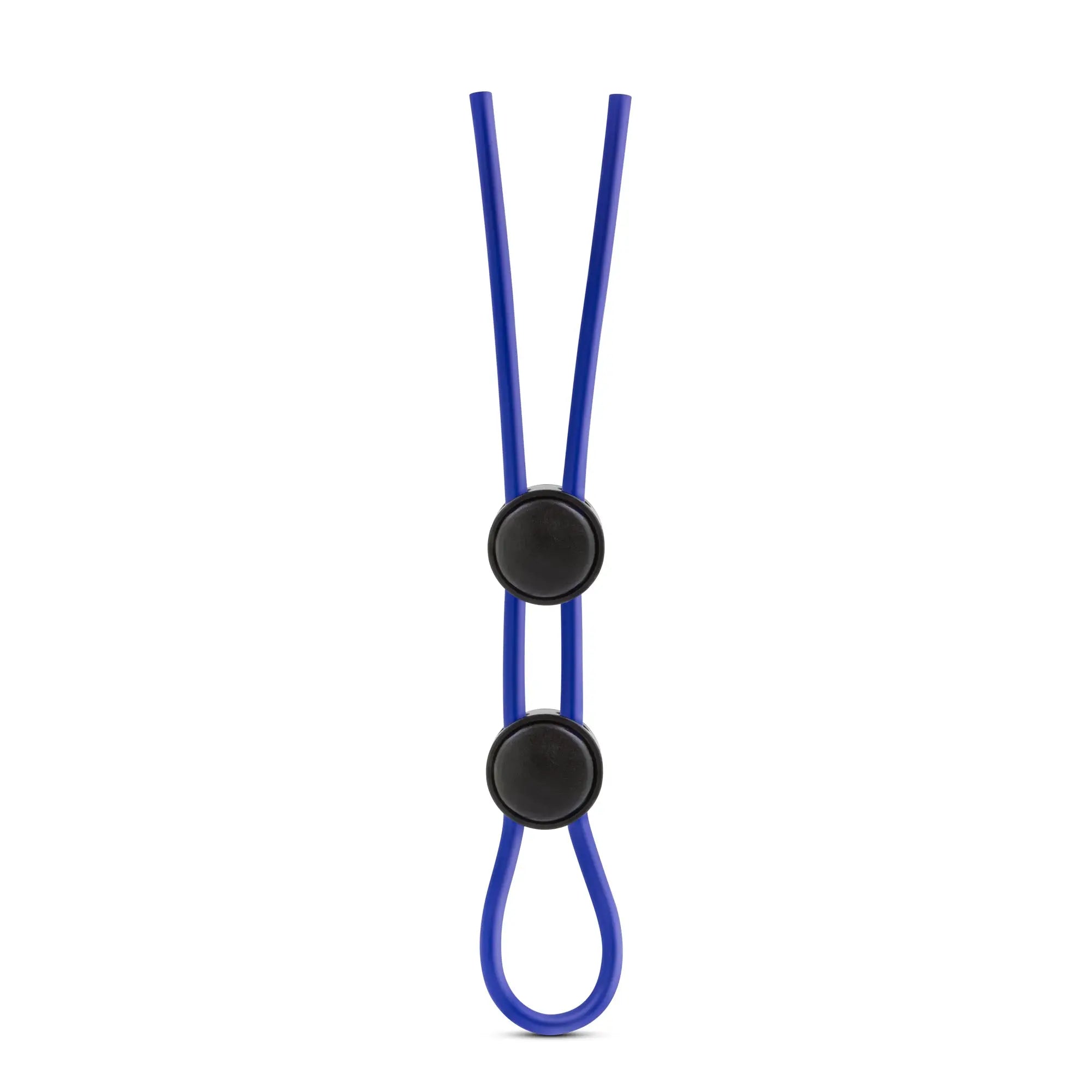 Stay Hard silicone double loop cock ring in blue with two black circular clasps and looped end visible from the back