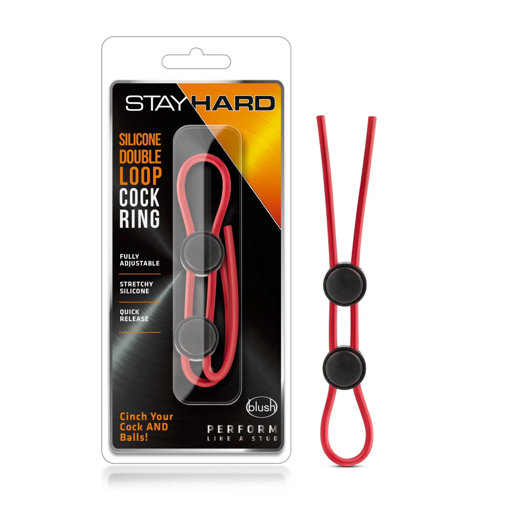 Red silicone double loop cock ring with black circular adjustment buttons from Stay Hard for enhanced performance