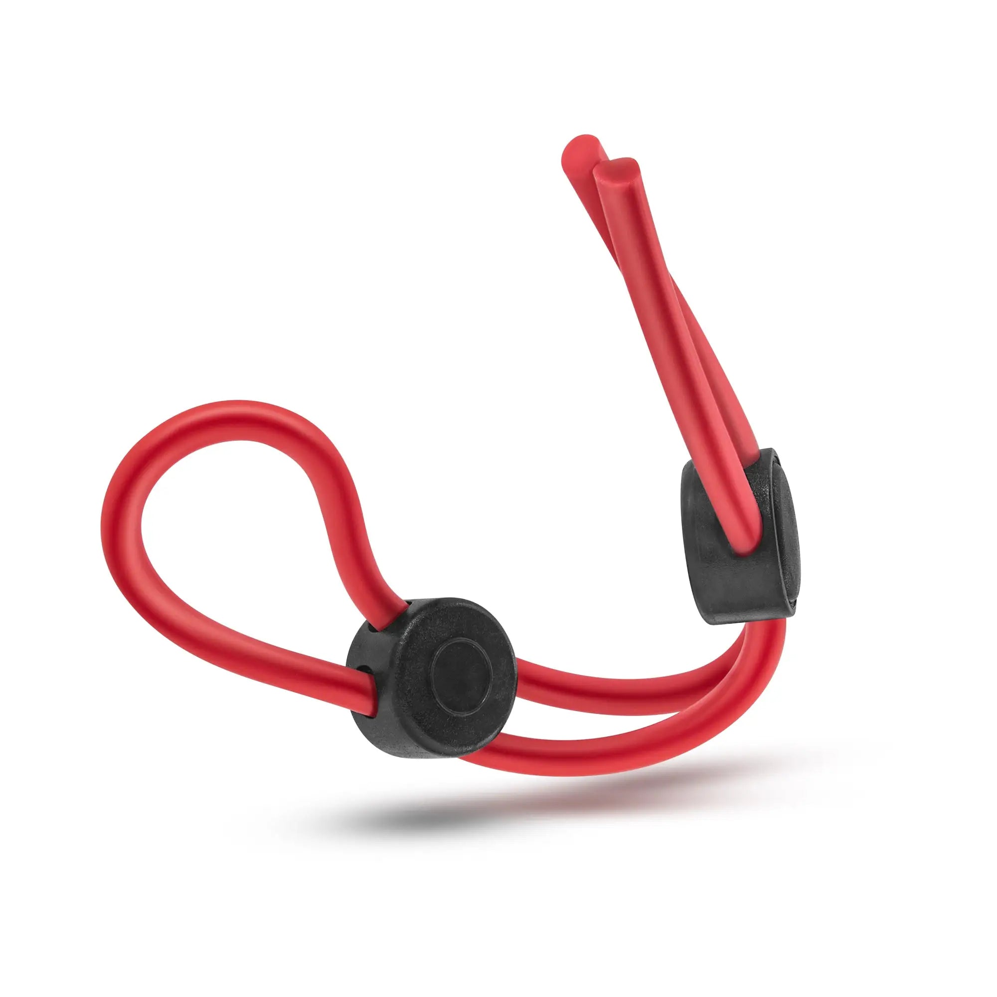 Red silicone double loop cock ring with black plastic clamps and elastic band from stay hard product line