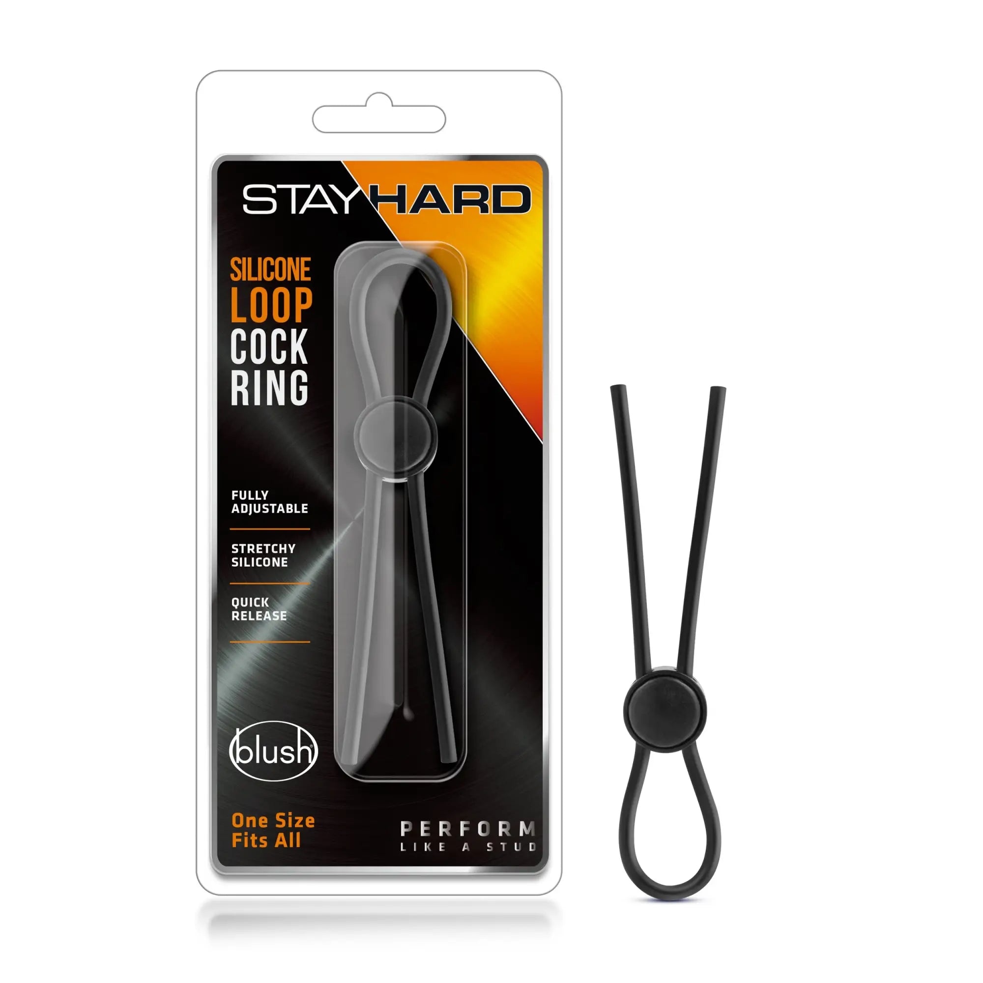 Black silicone loop cock ring with circular adjustment knob and two flexible arms for stay hard support