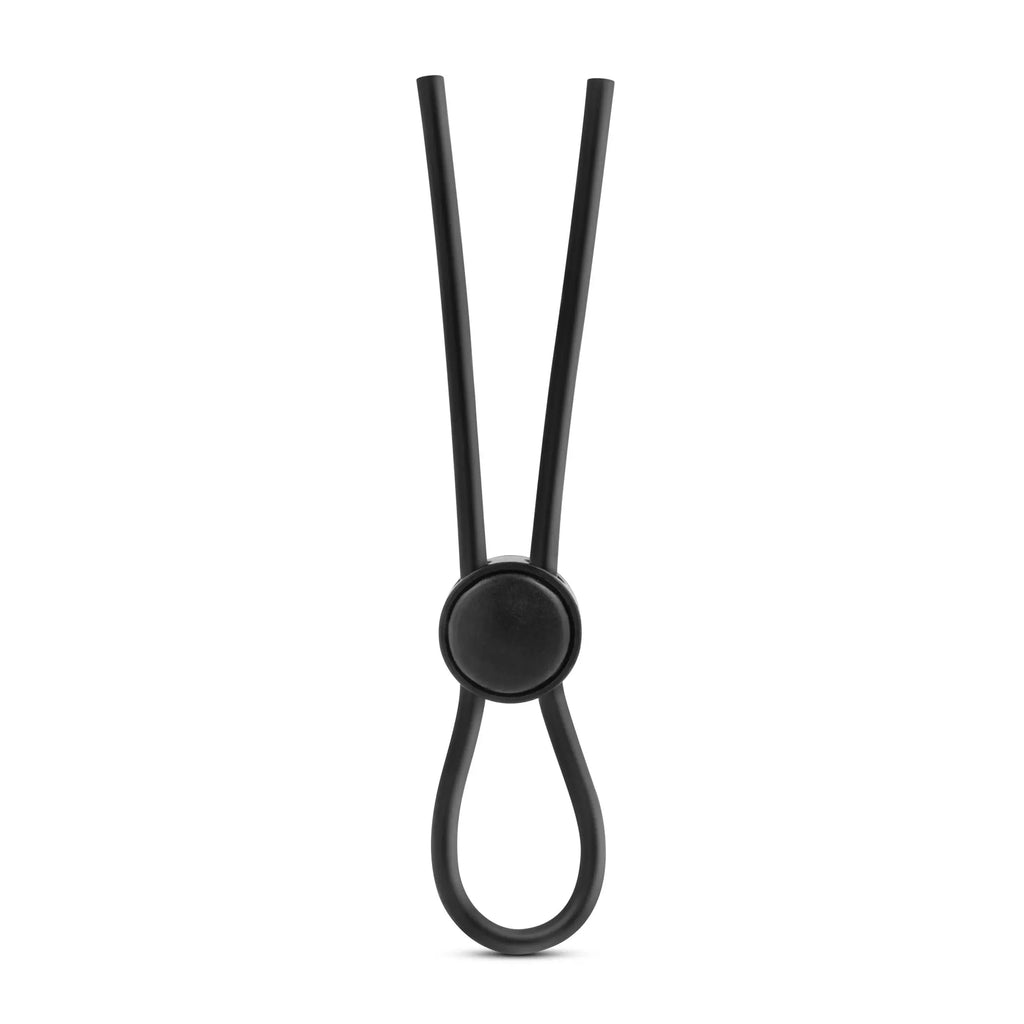 Black silicone loop cock ring with central circular clasp designed for stay hard support and comfort