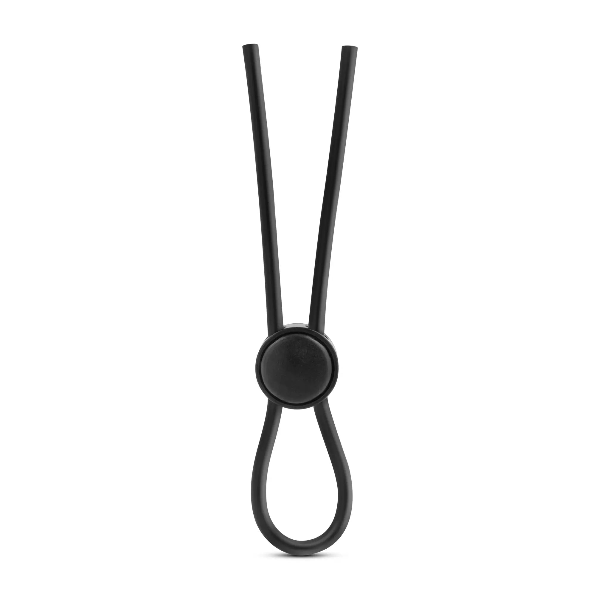 Black silicone loop cock ring with central circular clasp designed for stay hard support and comfort