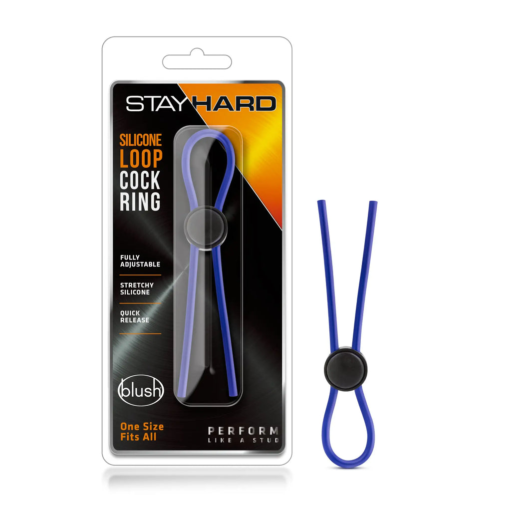 Blue stay hard silicone loop cock ring with black circular release button for adjustable fit and comfort