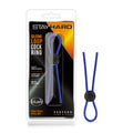 Blue stay hard silicone loop cock ring with black circular release button for adjustable fit and comfort