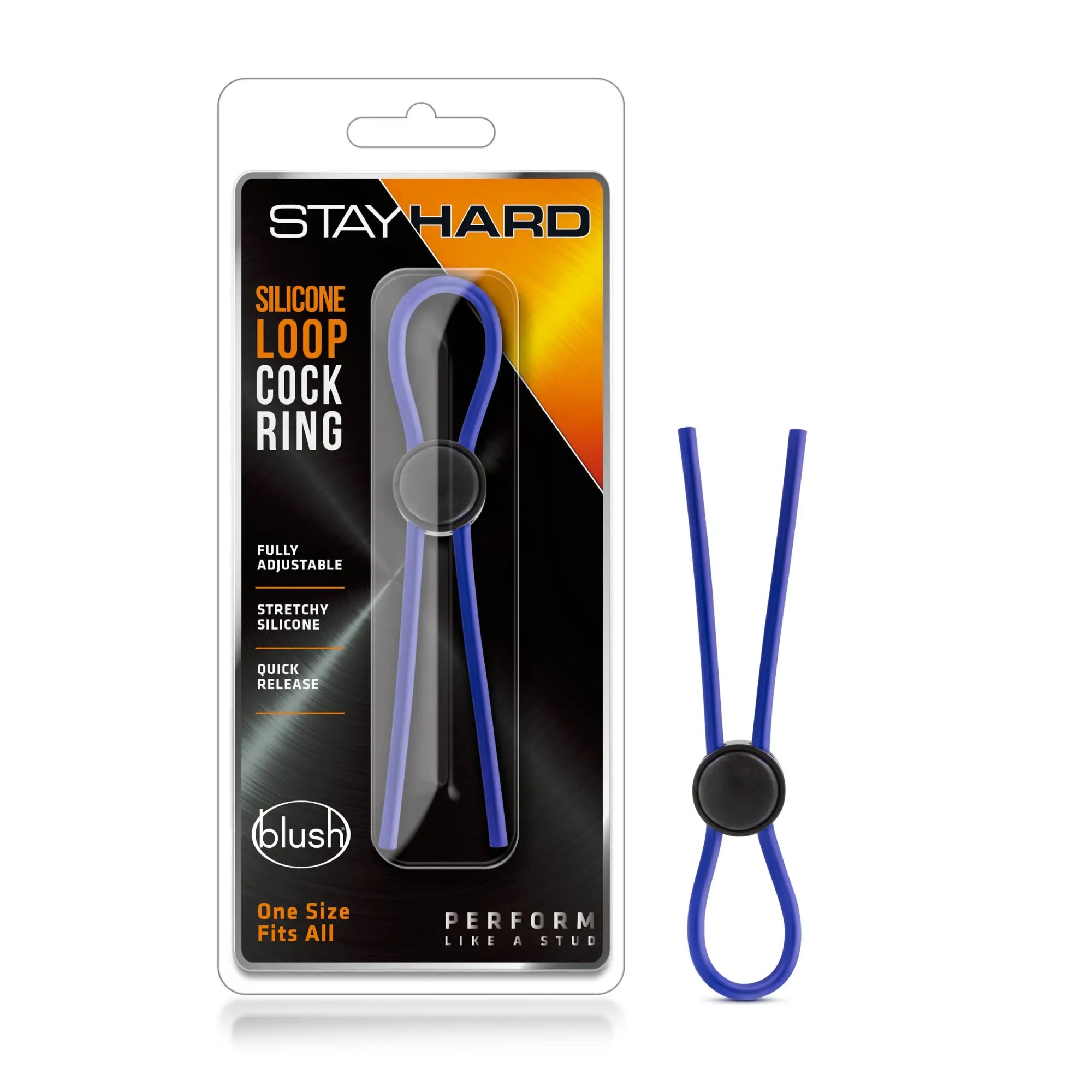 Blue stay hard silicone loop cock ring with black circular release button for adjustable fit and comfort