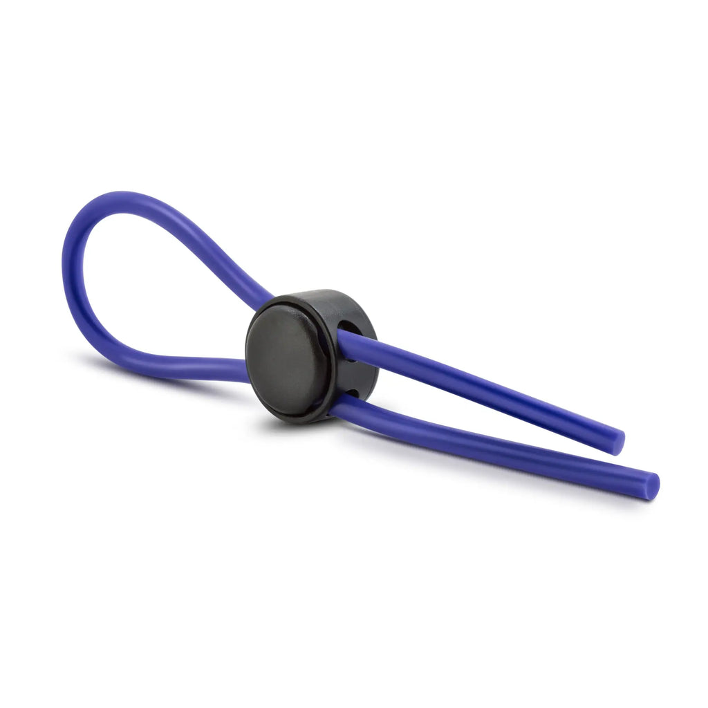 Blue silicone strap cock ring with black circular clasp from stay hard stay hard silicone loop collection