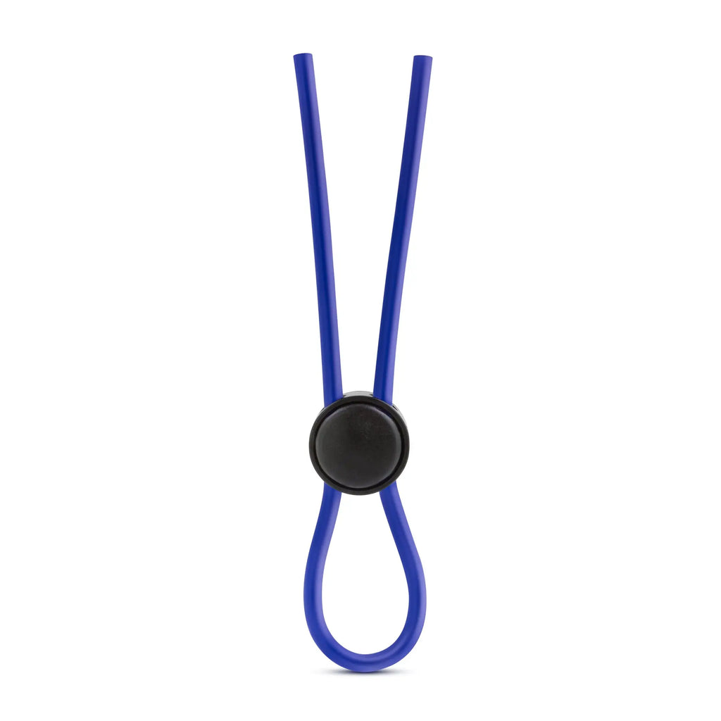 Blue silicone loop cock ring with a black circular clasp from stay hard featuring a flexible silicone strap