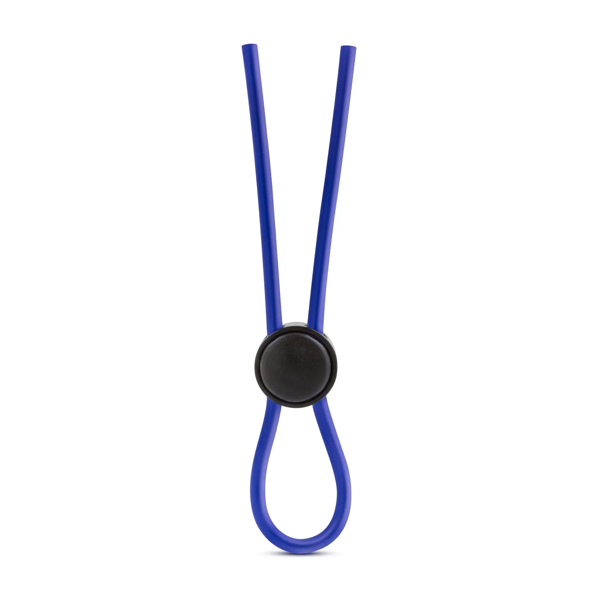 Blue silicone loop cock ring with a black circular clasp from stay hard featuring a flexible silicone strap
