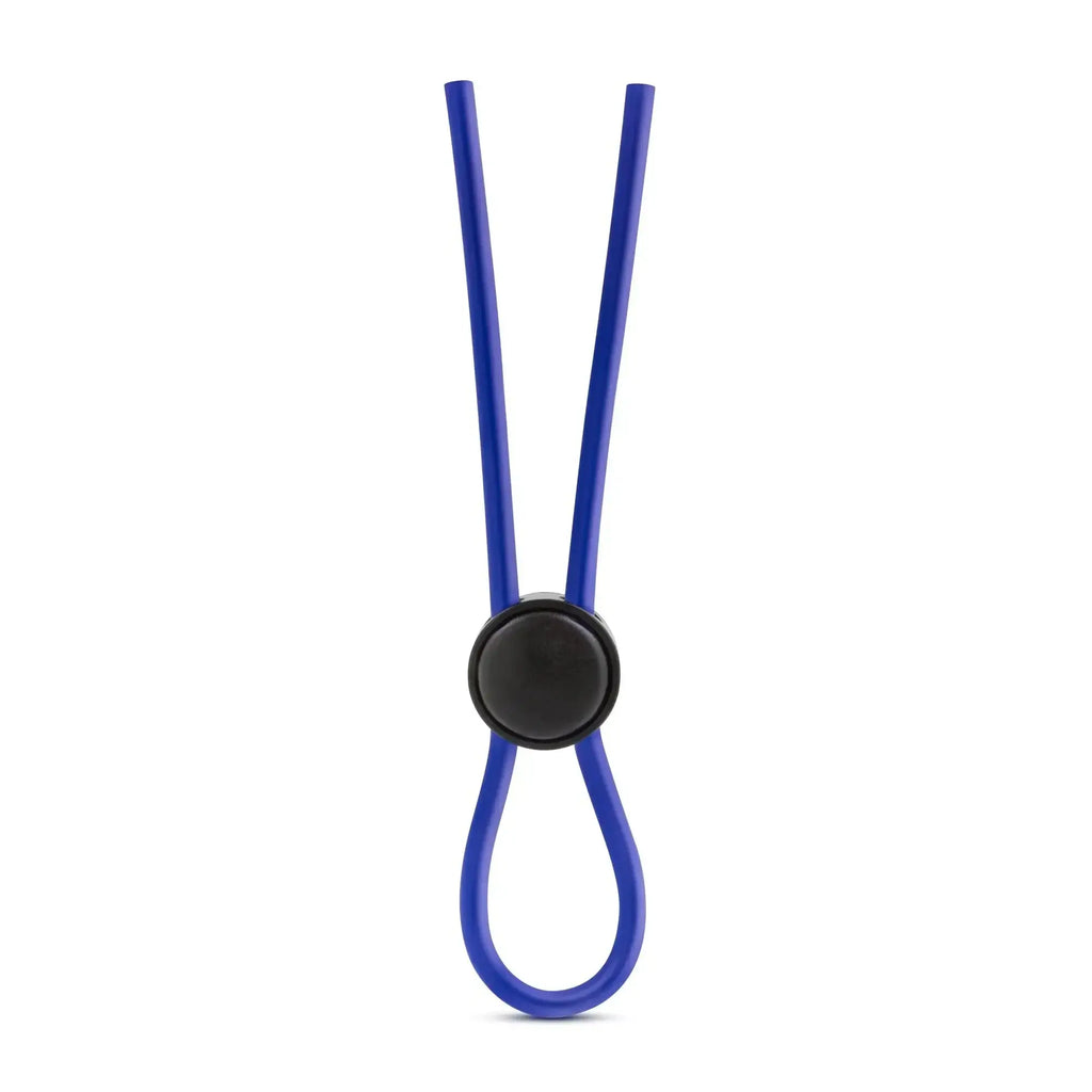 Blue silicone loop cock ring with a black circular clasp from stay hard featuring a flexible silicone strap