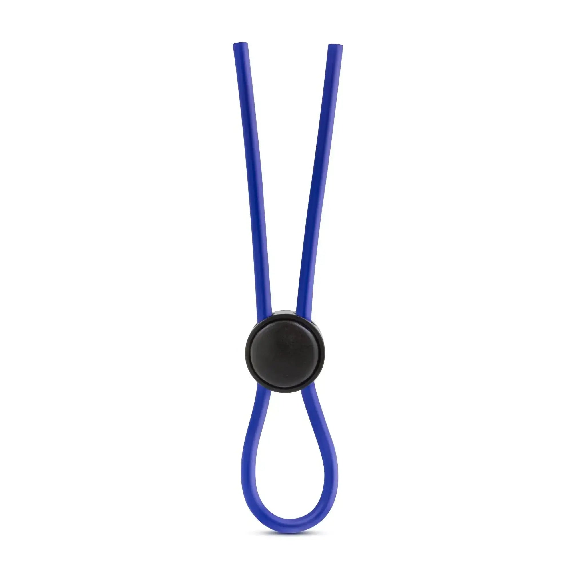 Blue silicone loop cock ring with a black circular clasp from stay hard featuring a flexible silicone strap