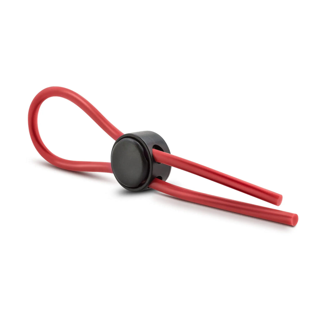 Red silicone strap cock ring with a black circular clasp from stay hard stay hard silicone loop series