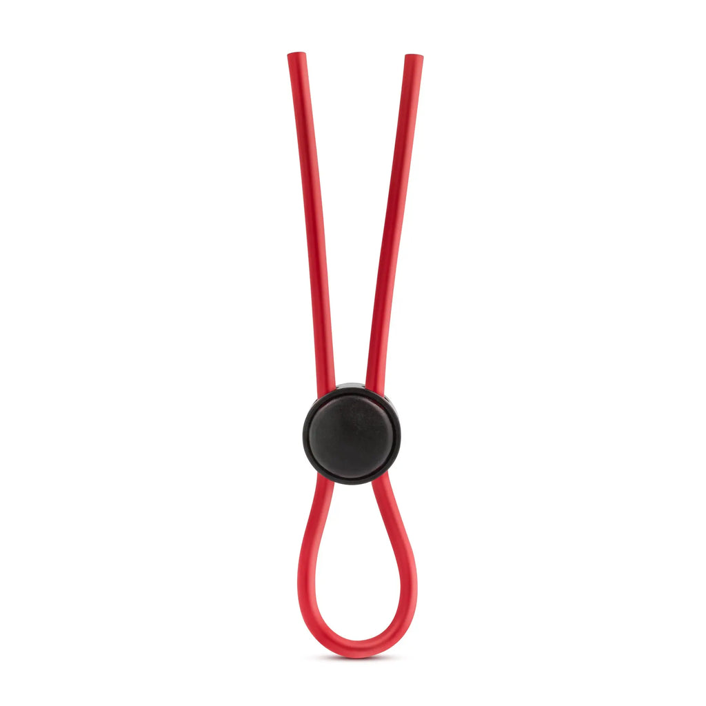 Red stay hard silicone loop cock ring with black circular clasp made of flexible silicone strap