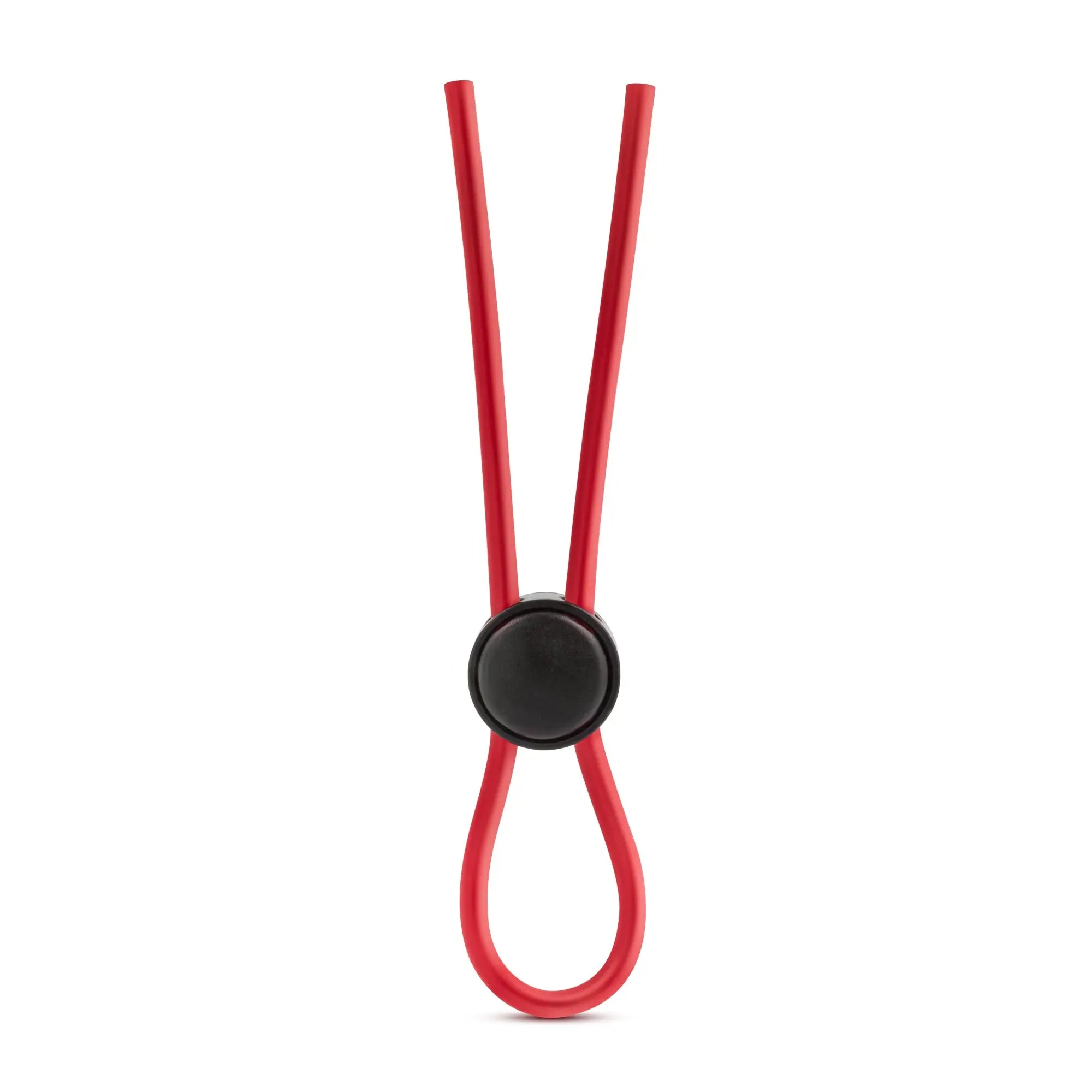 Red stay hard silicone loop cock ring with black circular clasp made of flexible silicone strap