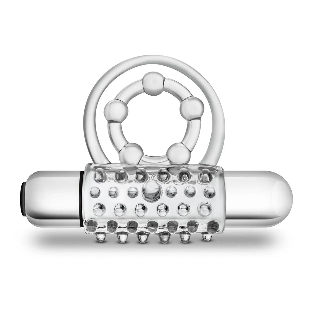 Silver-colored sleek vibrating adult toy with textured bumps and ring attachment stay hard vibrating super clitifier clear