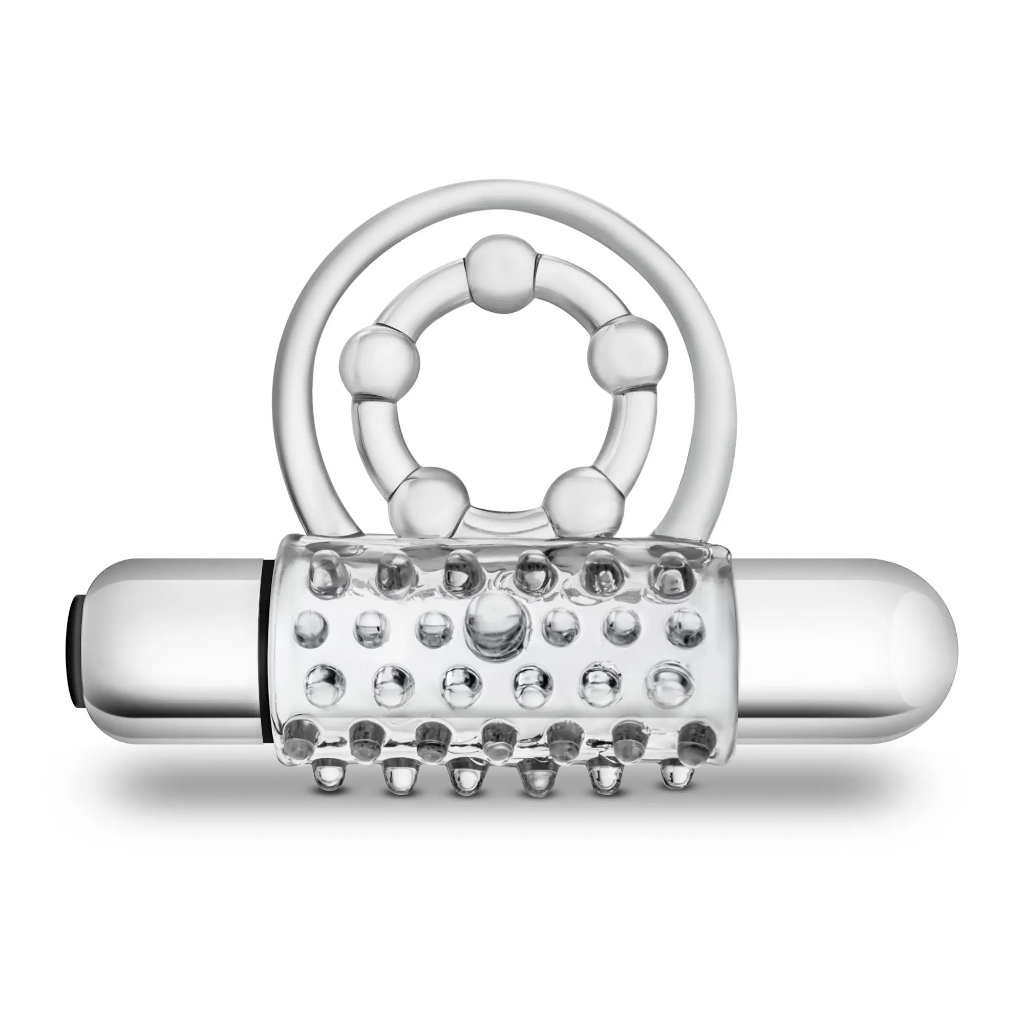 Silver-colored sleek vibrating adult toy with textured bumps and ring attachment stay hard vibrating super clitifier clear