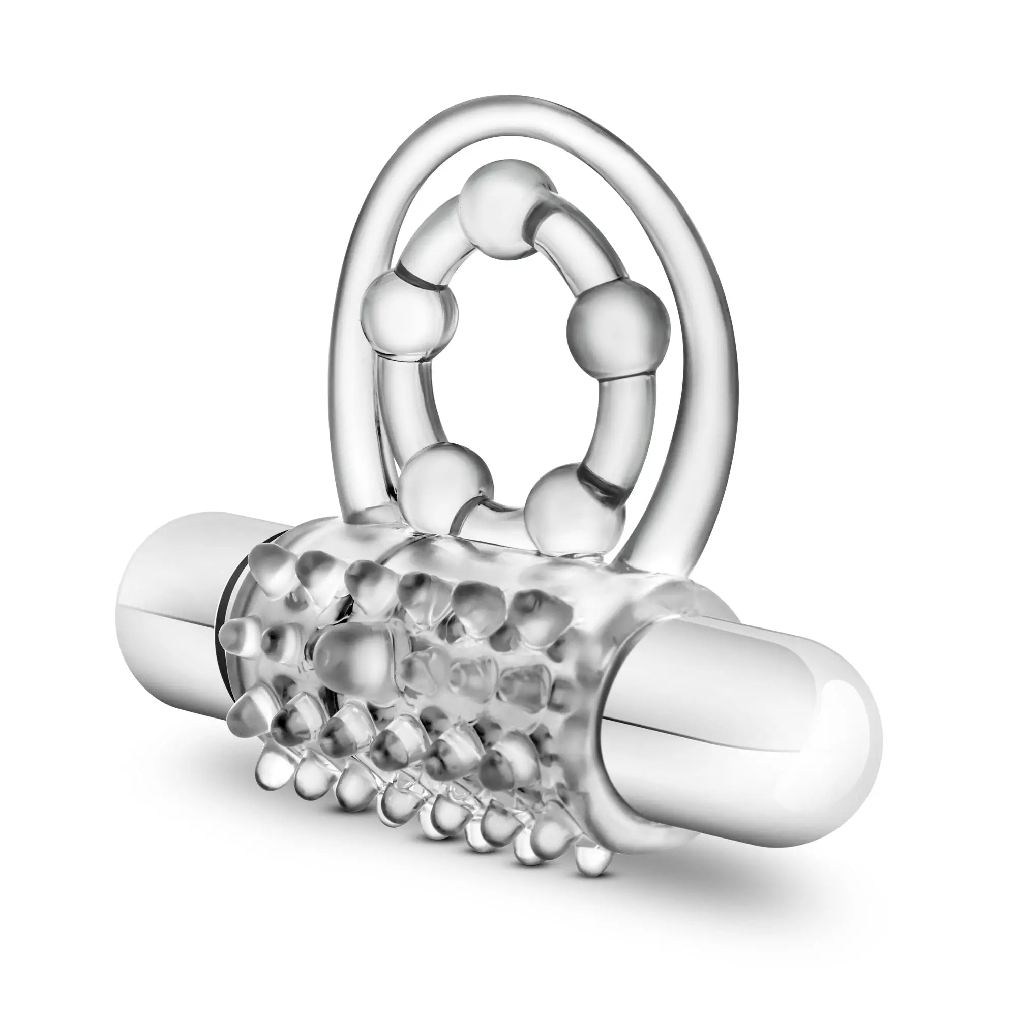 Silver transparent glass and metal vibrating adult toy with textured surface and small protrusions for clitoral stimulation