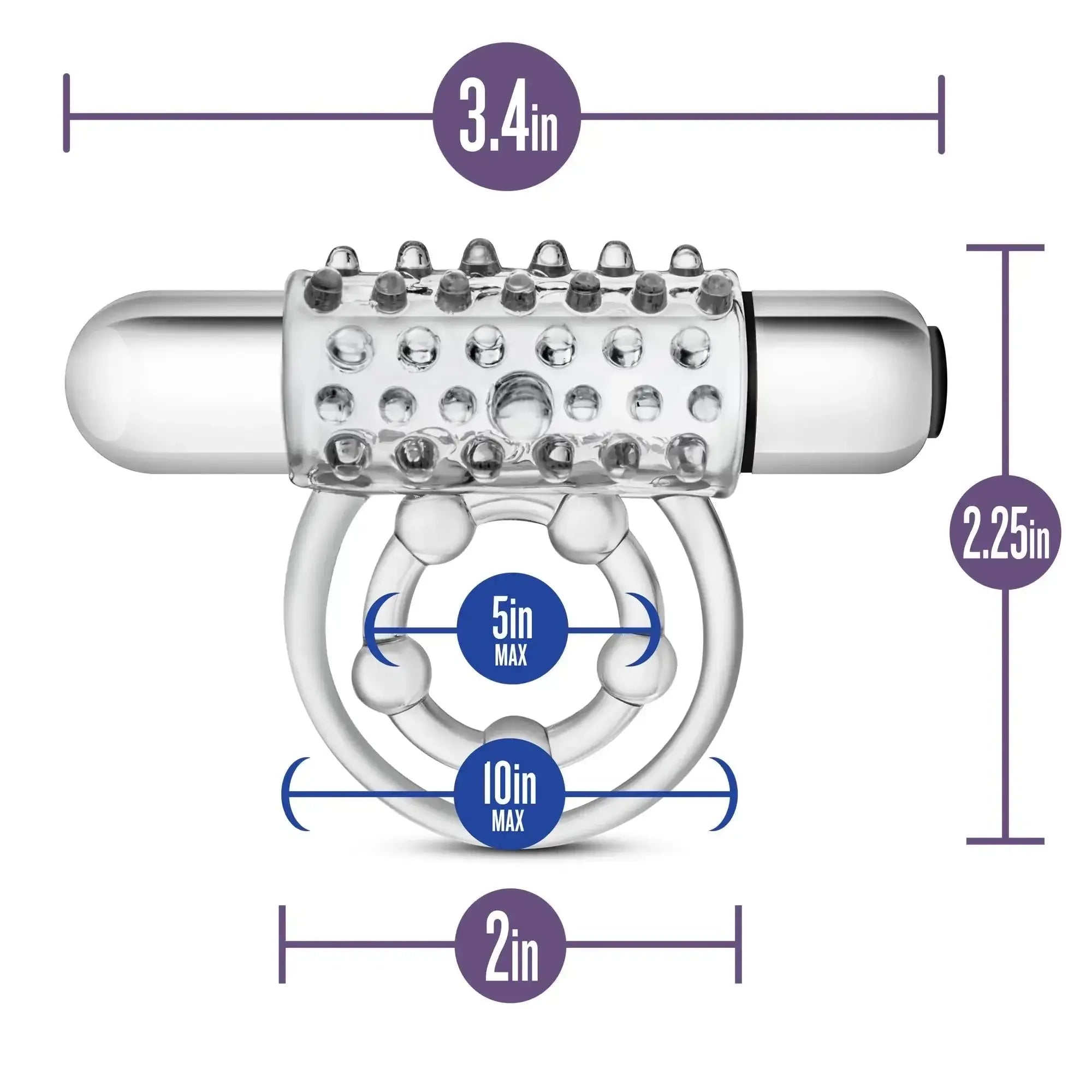 Silver metallic cylindrical vibrator with textured surface and clear plastic ring attachments.