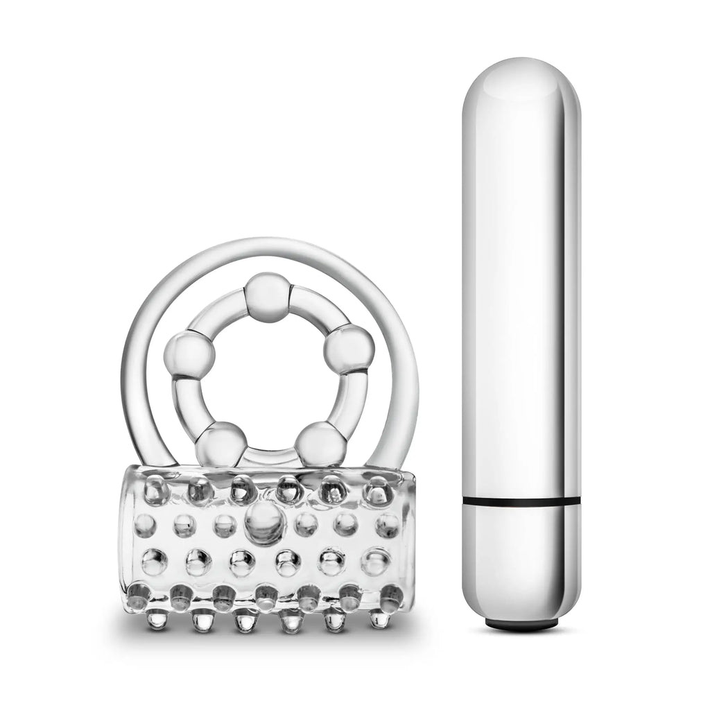 Silver textured vibrating pleasure toy set with ring featuring spherical beads and cylindrical wand for clitoral stimulation