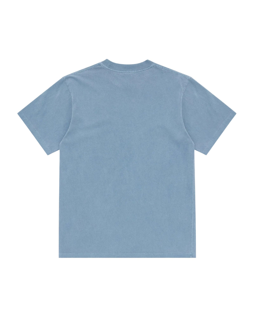 Back view of a plain, faded blue short-sleeve crewneck tee with a relaxed fit.