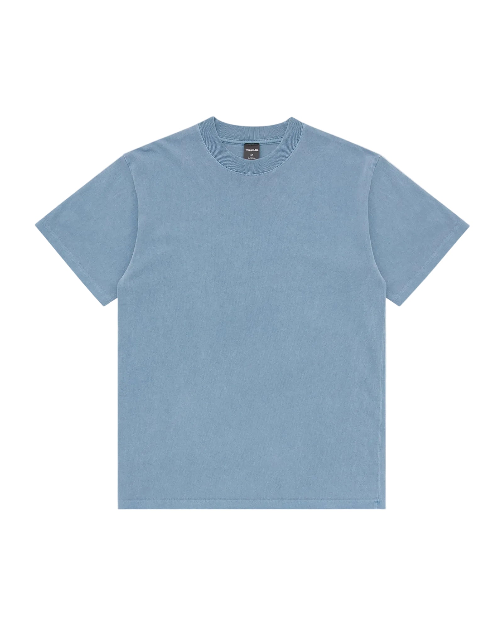 Dusty blue short-sleeve crewneck tee with a vintage-style wash.
