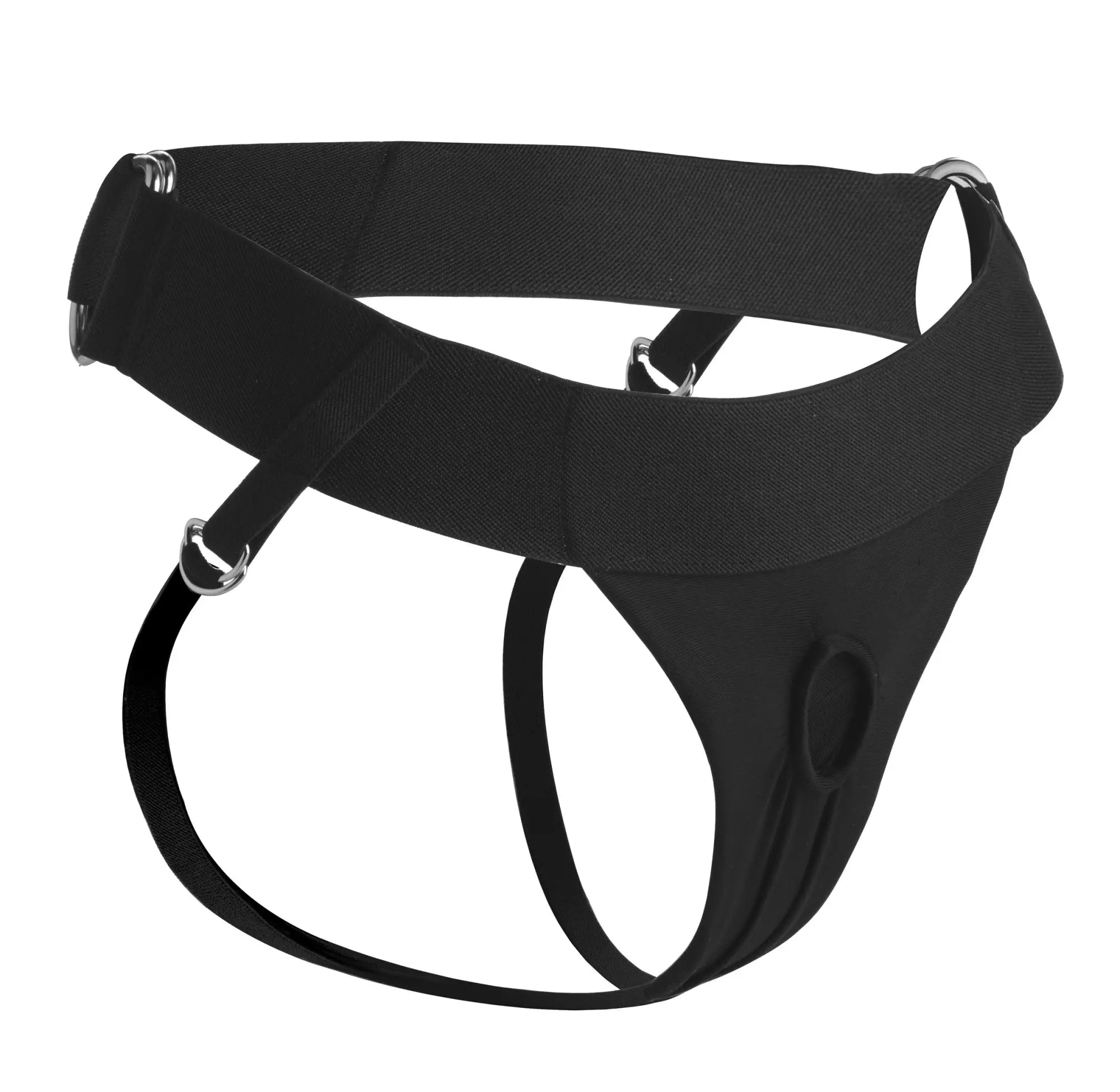 Black fabric strap u avalon jock style strap on harness with silver metal clasps and adjustable straps