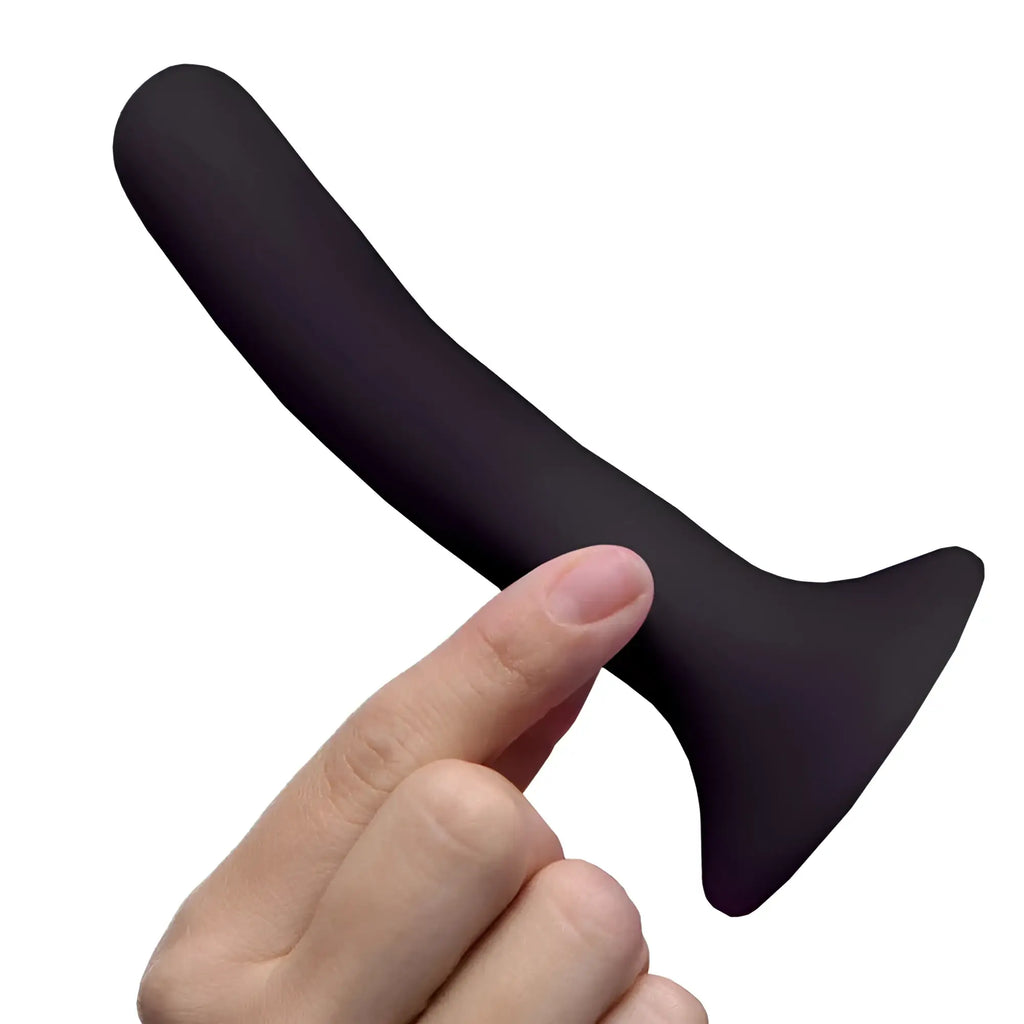 Black silicone anal plug with flared base and smooth tapered shaft featured in strap u black silicone strap-on dildo small product