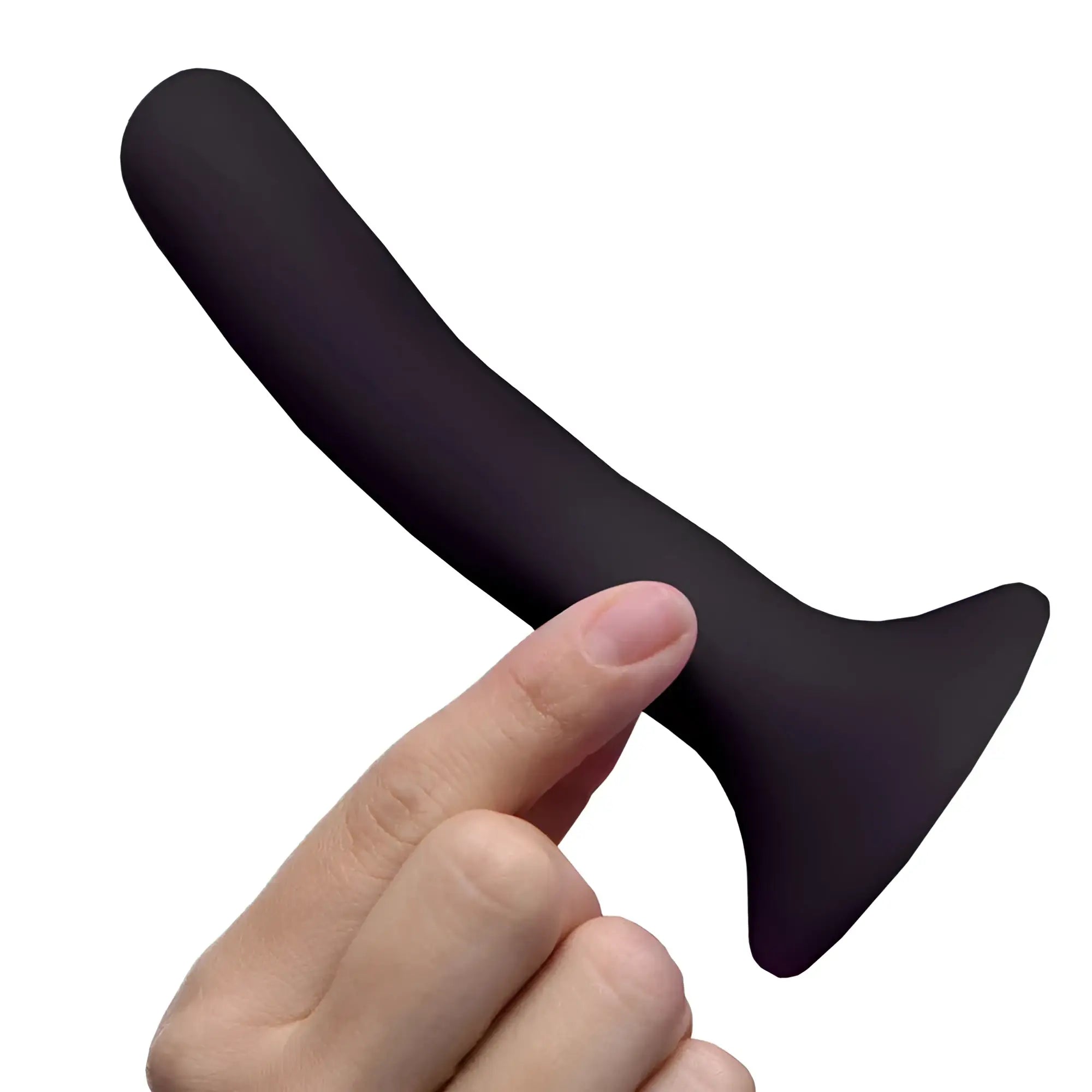 Black silicone anal plug with flared base and smooth tapered shaft featured in strap u black silicone strap-on dildo small product