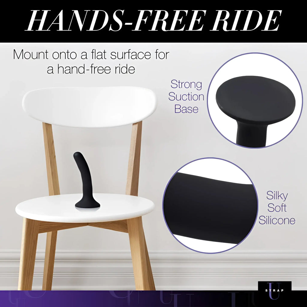 Strap u black silicone strap-on dildo small with curved ergonomic design and strong suction base for hands-free use