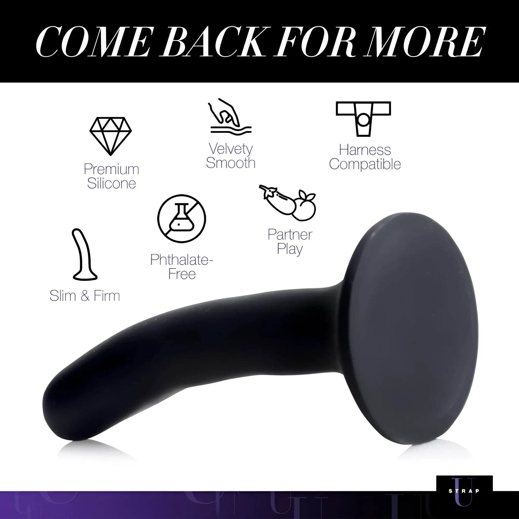 Strap u black silicone strap-on dildo small with sleek tapered shaft and rounded base in black silicone material