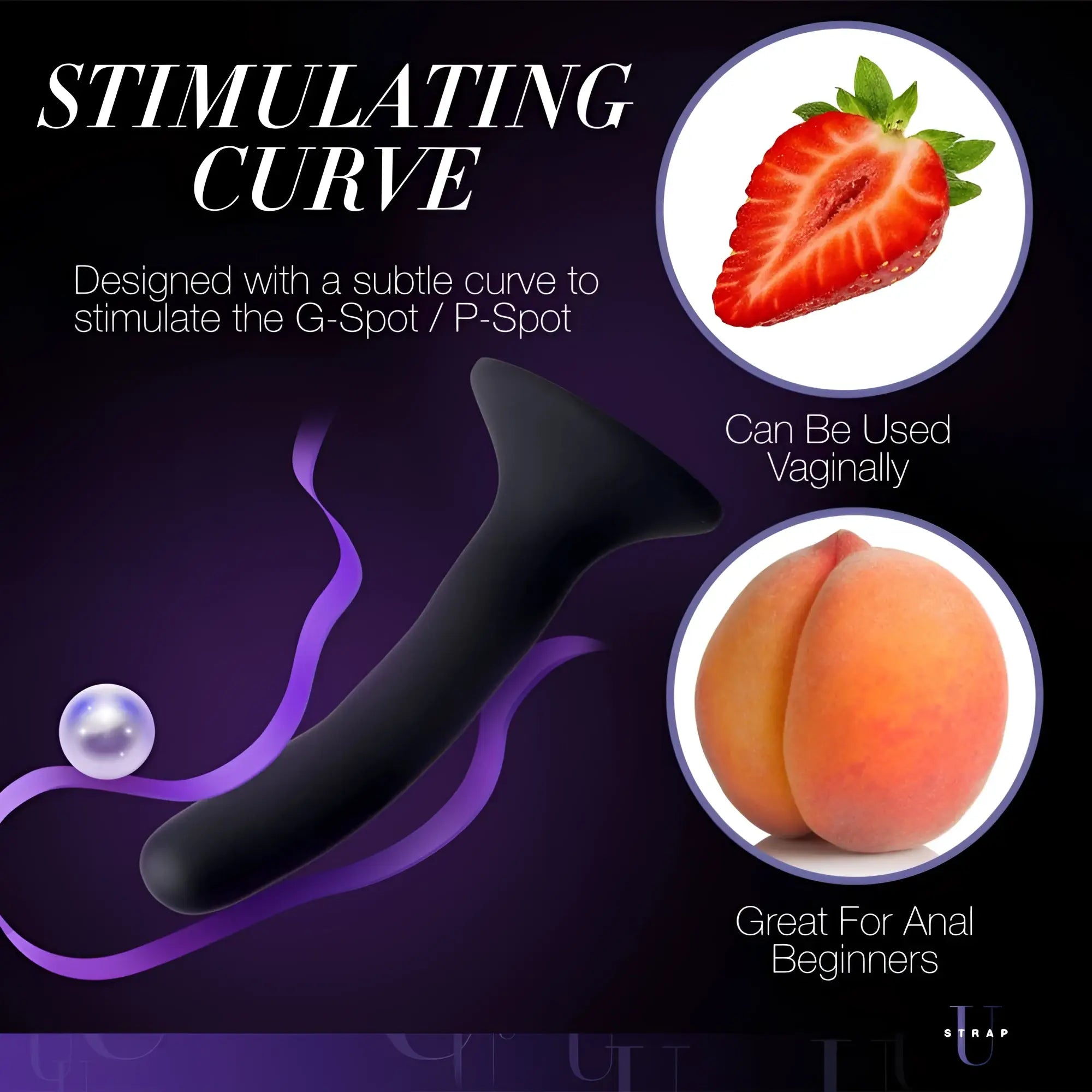 Black silicone small strap on dildo with subtle curve and rounded tip shown from the back side