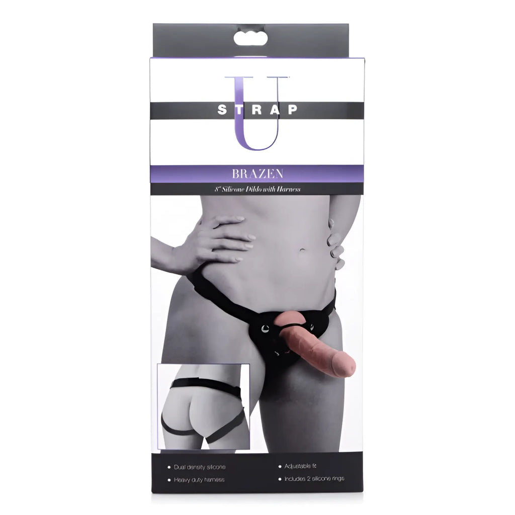 Black silicone dildo with harness 8 inches long featured in strap u brazen 8 inch silicone dildo w harness flesh