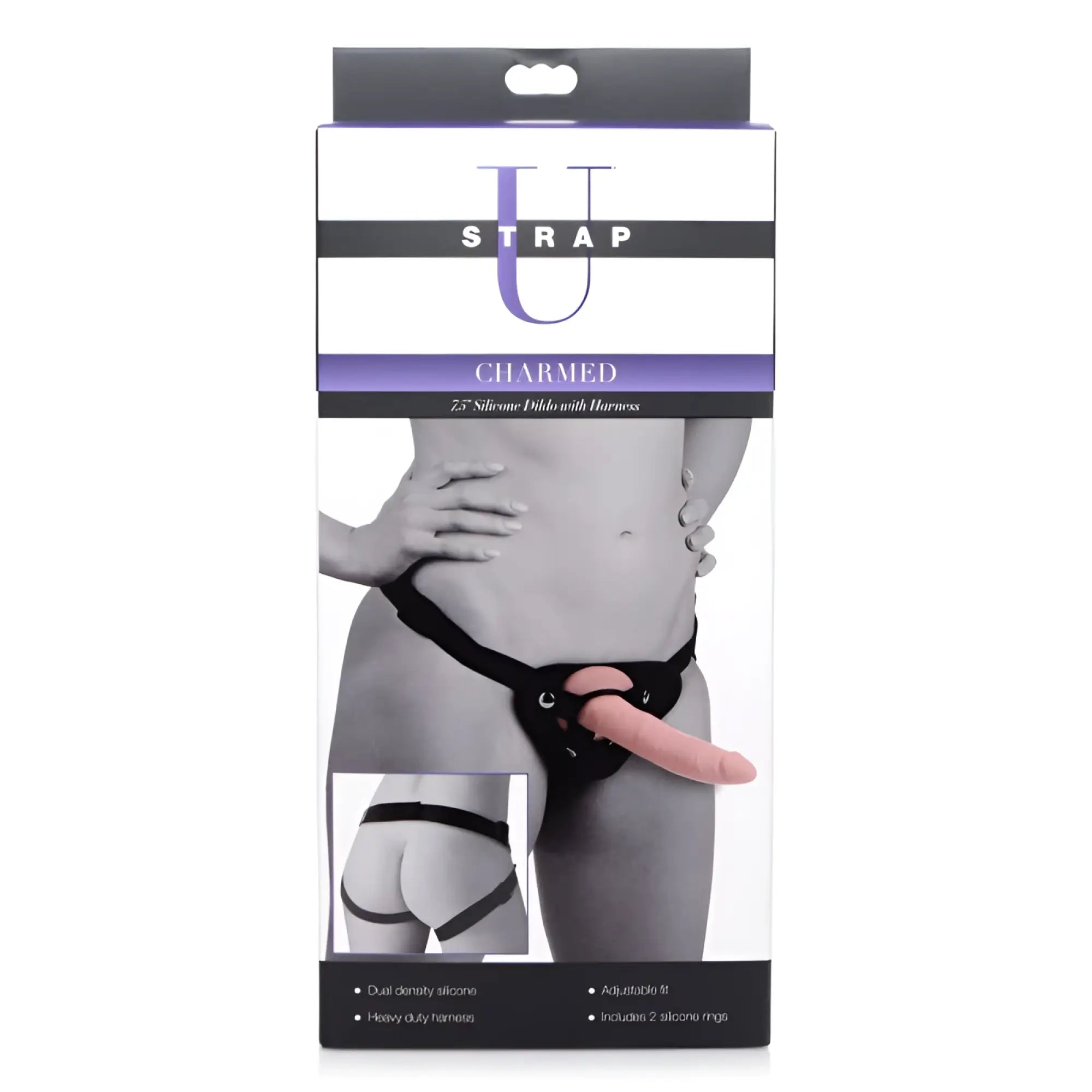 Pink 2.5-inch silicone dildo with black harness from strap u charmed for hands-free pleasure use