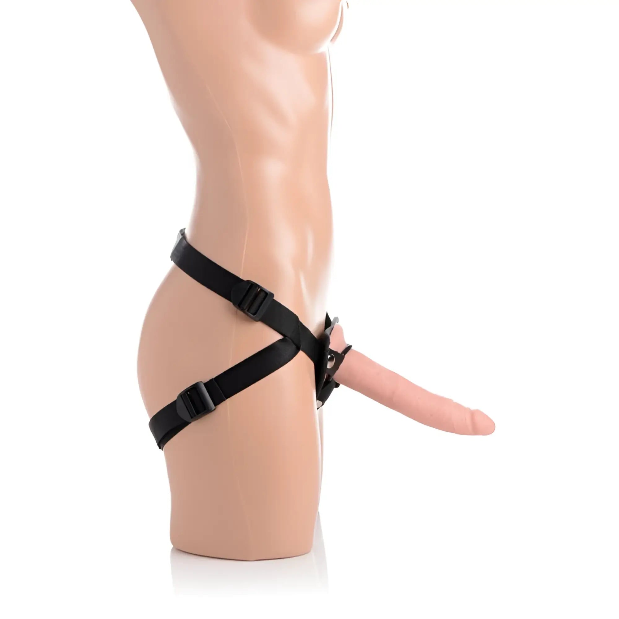 Black adjustable harness with padded straps and central clasp for secure fit around hips in strap u charmed 7.5in silicone dildo flesh