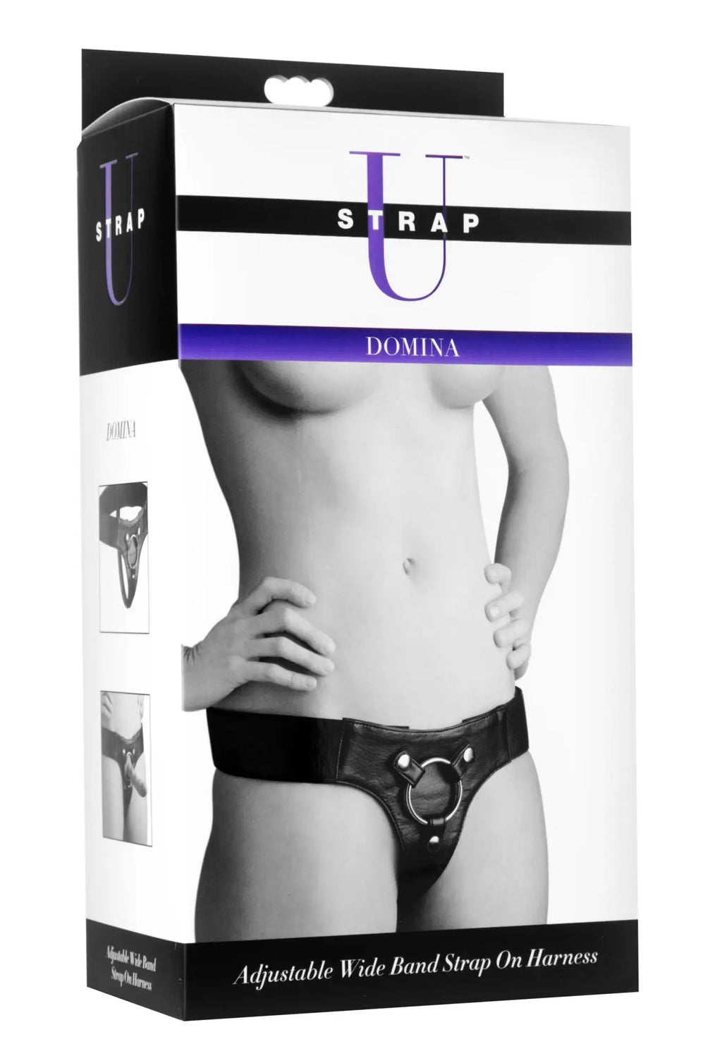 Black leather strap u domina wide band strap on harness with central ring and adjustable wide band