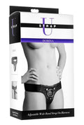Black leather strap u domina wide band strap on harness with central ring and adjustable wide band