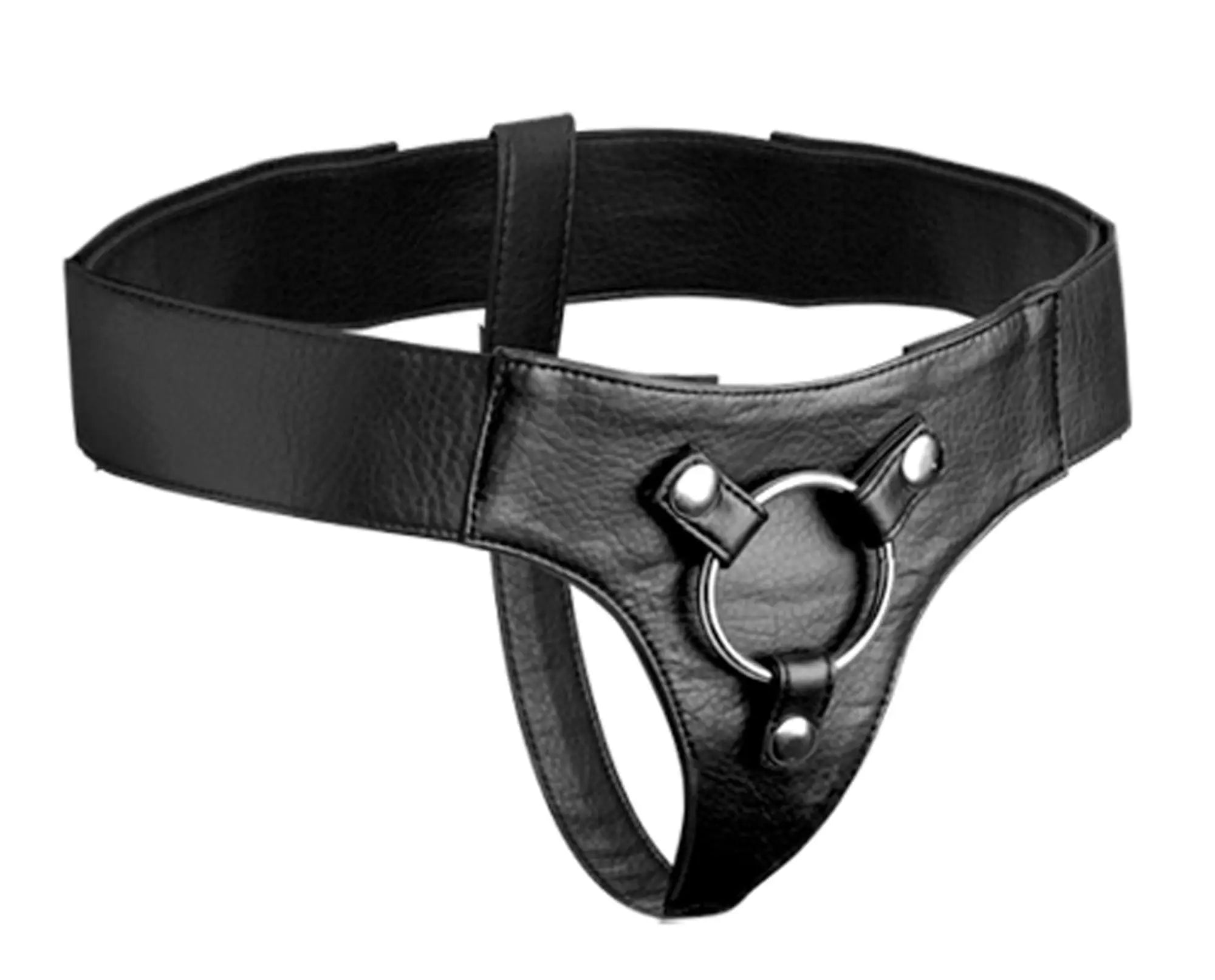 Black leather strap u domina wide band strap on harness with central metal ring and silver toned hardware
