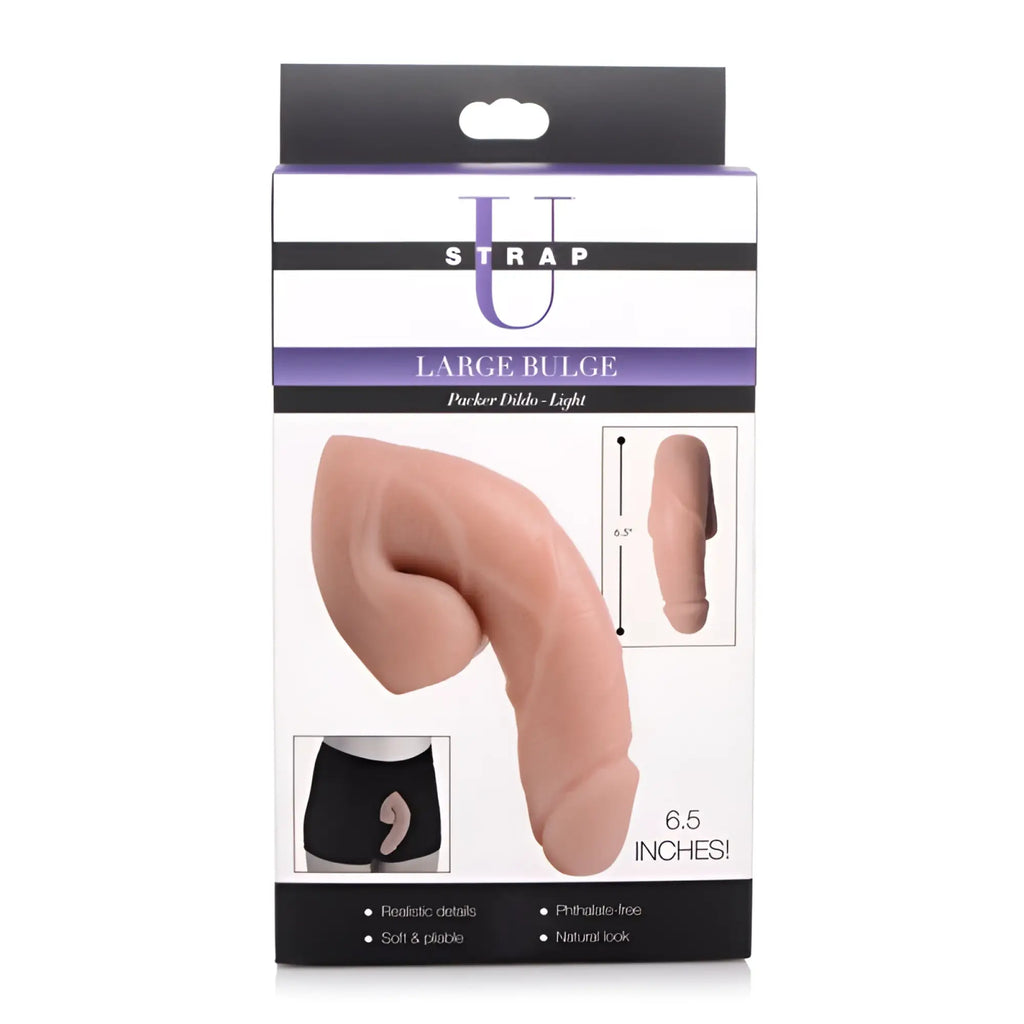 Strap u large bulge soft packer dildo light skin tone 6.5 inch phthalate-free silicone with realistic details