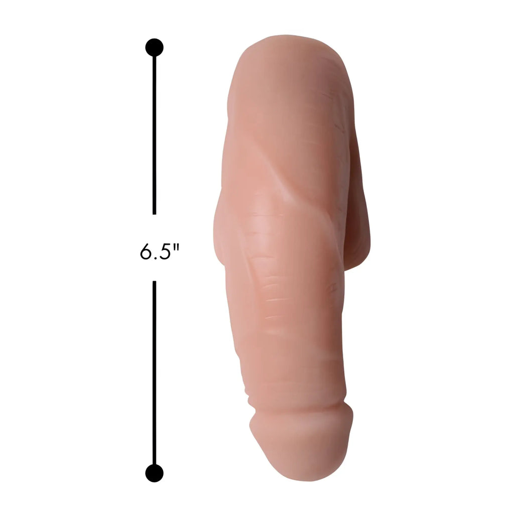 Strap U large bulge soft packer dildo in light skin tone made of peach-colored silicone with realistic texture and contours