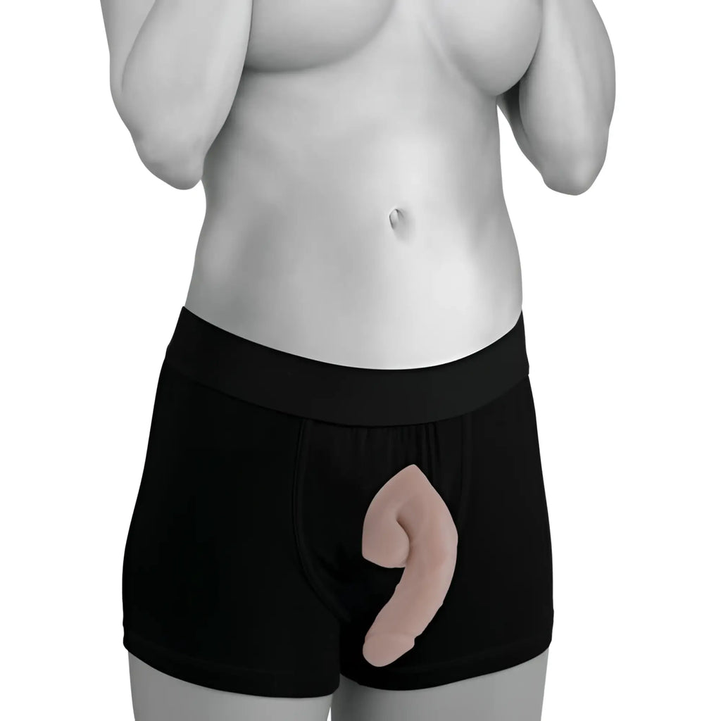 Black boxer briefs with a pink curved silicone phallus-shaped insert in strap u large bulge soft packer dildo light skin tone