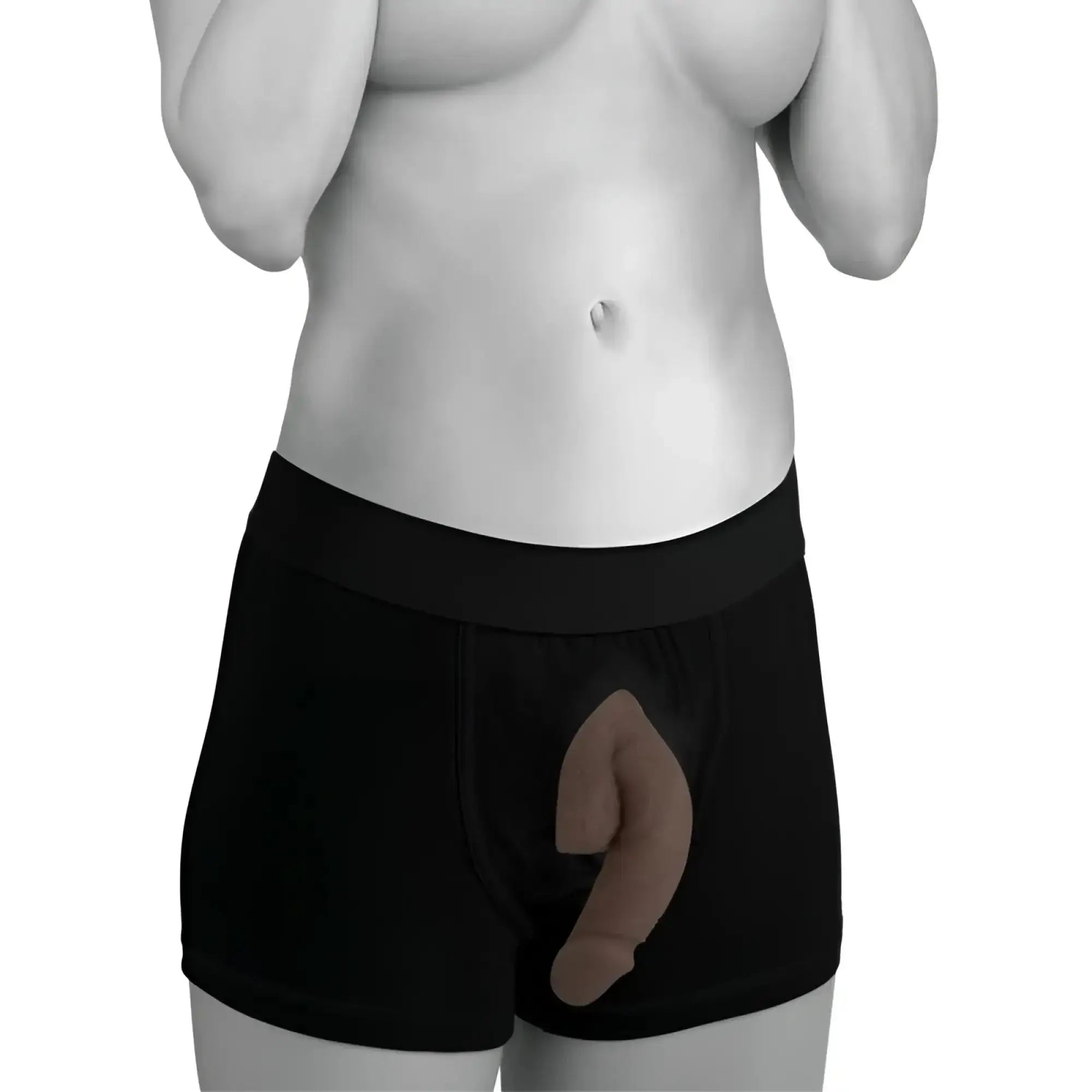 Black men’s underwear with a medium skin tone realistic soft packer dildo insert strap u large bulge for comfort and fit
