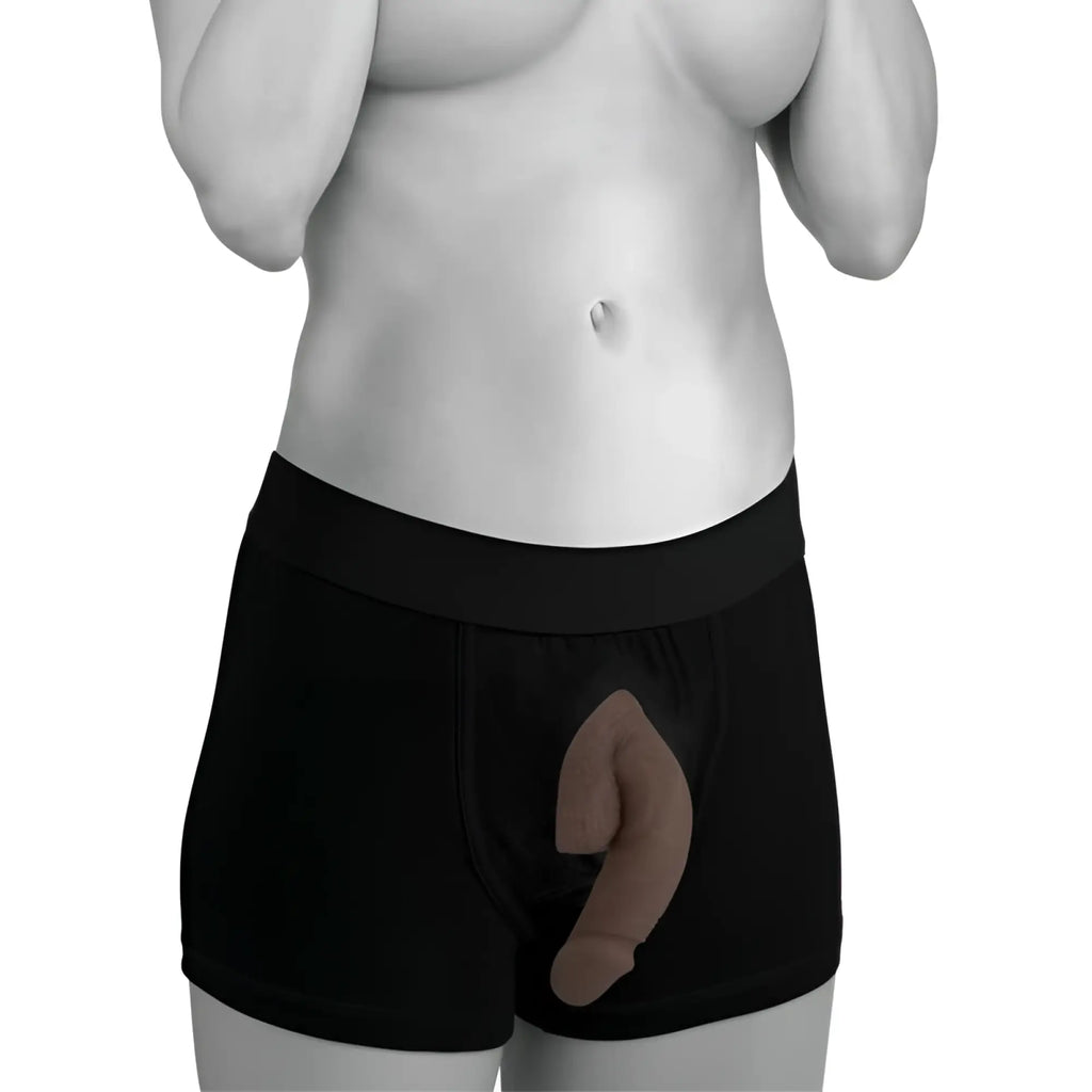 Black men’s underwear with a medium skin tone realistic soft packer dildo insert strap u large bulge for comfort and fit