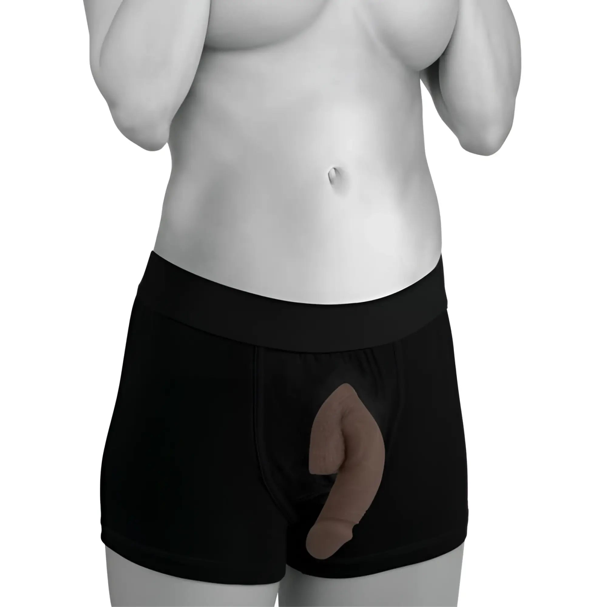 Black men’s underwear with a medium skin tone realistic soft packer dildo insert strap u large bulge for comfort and fit