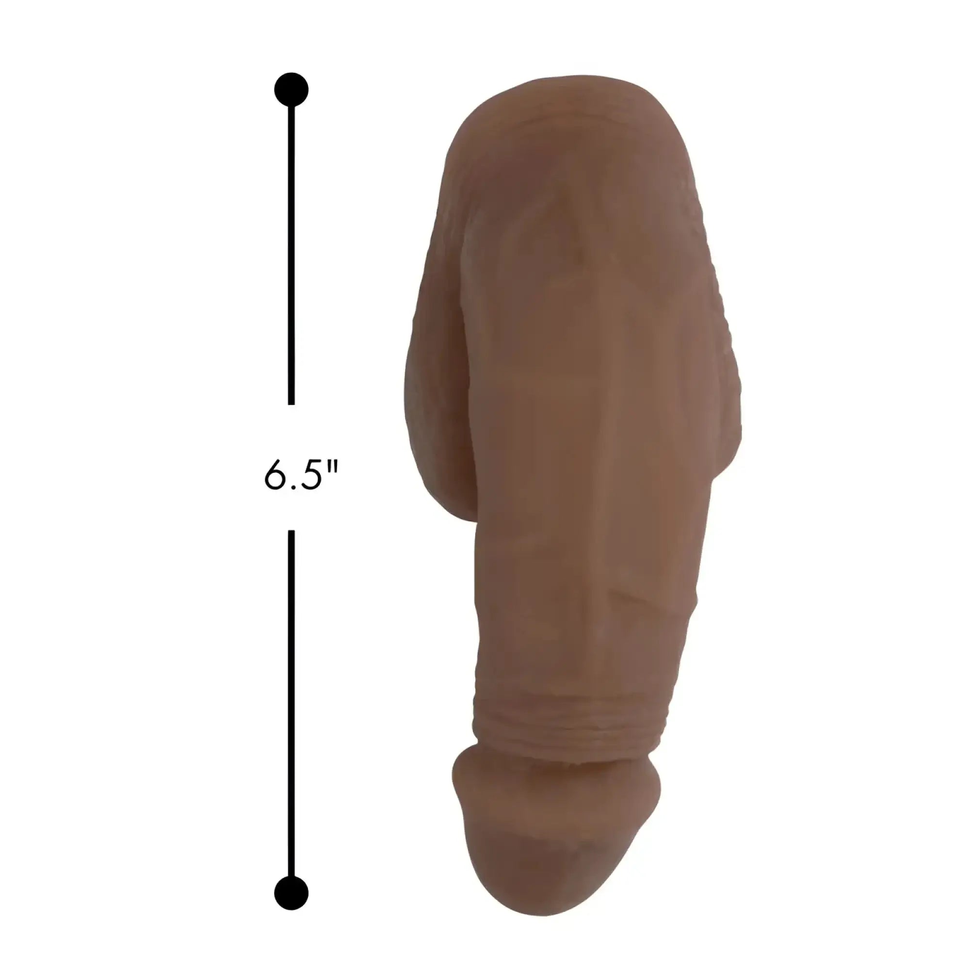 Tan-colored realistic silicone strap u large bulge soft packer dildo measuring 6.5 inches in medium skin tone