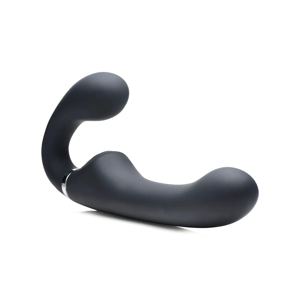 Black matte silicone dual-headed vibrator with metallic accent ring for strap u mighty rider 10x strapless strap-on black w remote
