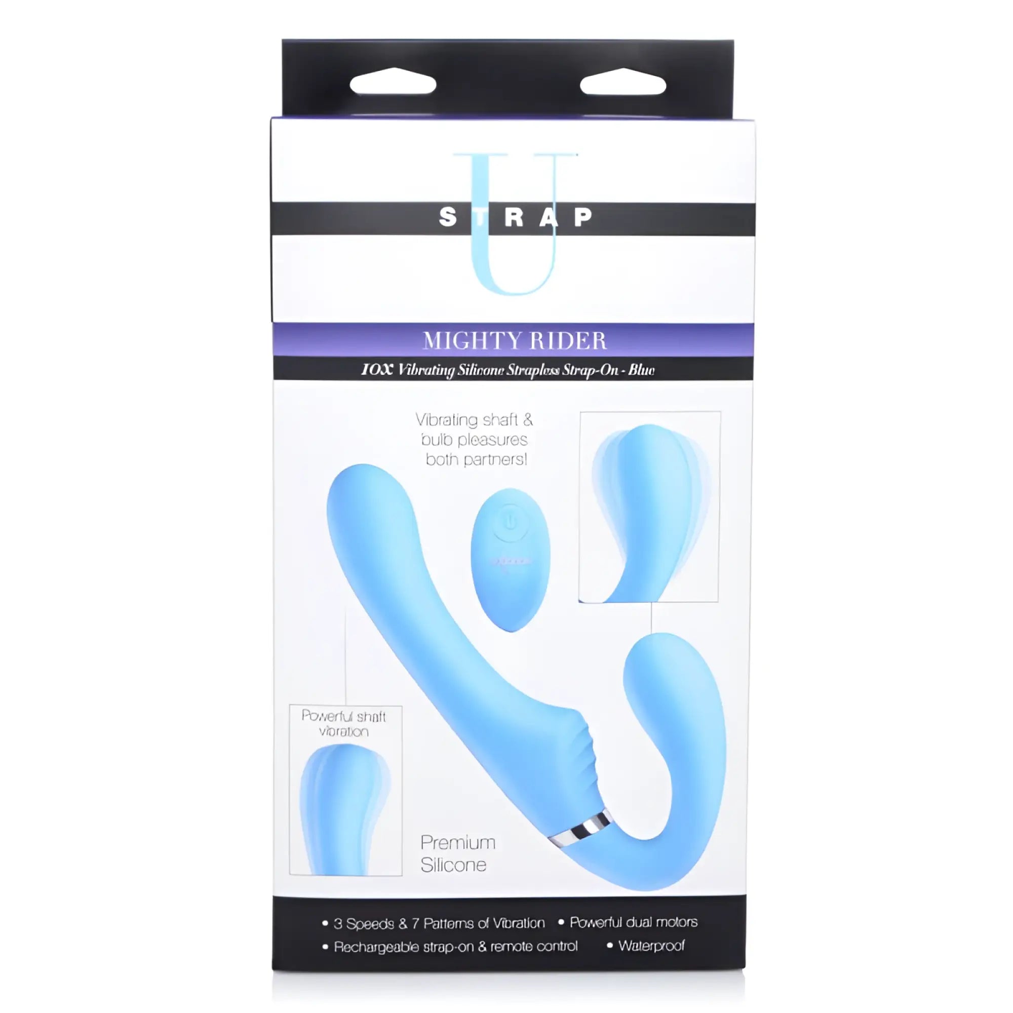 Blue silicone strap u mighty rider 10x strapless strap-on with curved shaft and dual vibration remote control