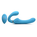 Blue silicone strap u mighty rider 10x strapless strap-on vibrator with curved design and metallic accent band with remote