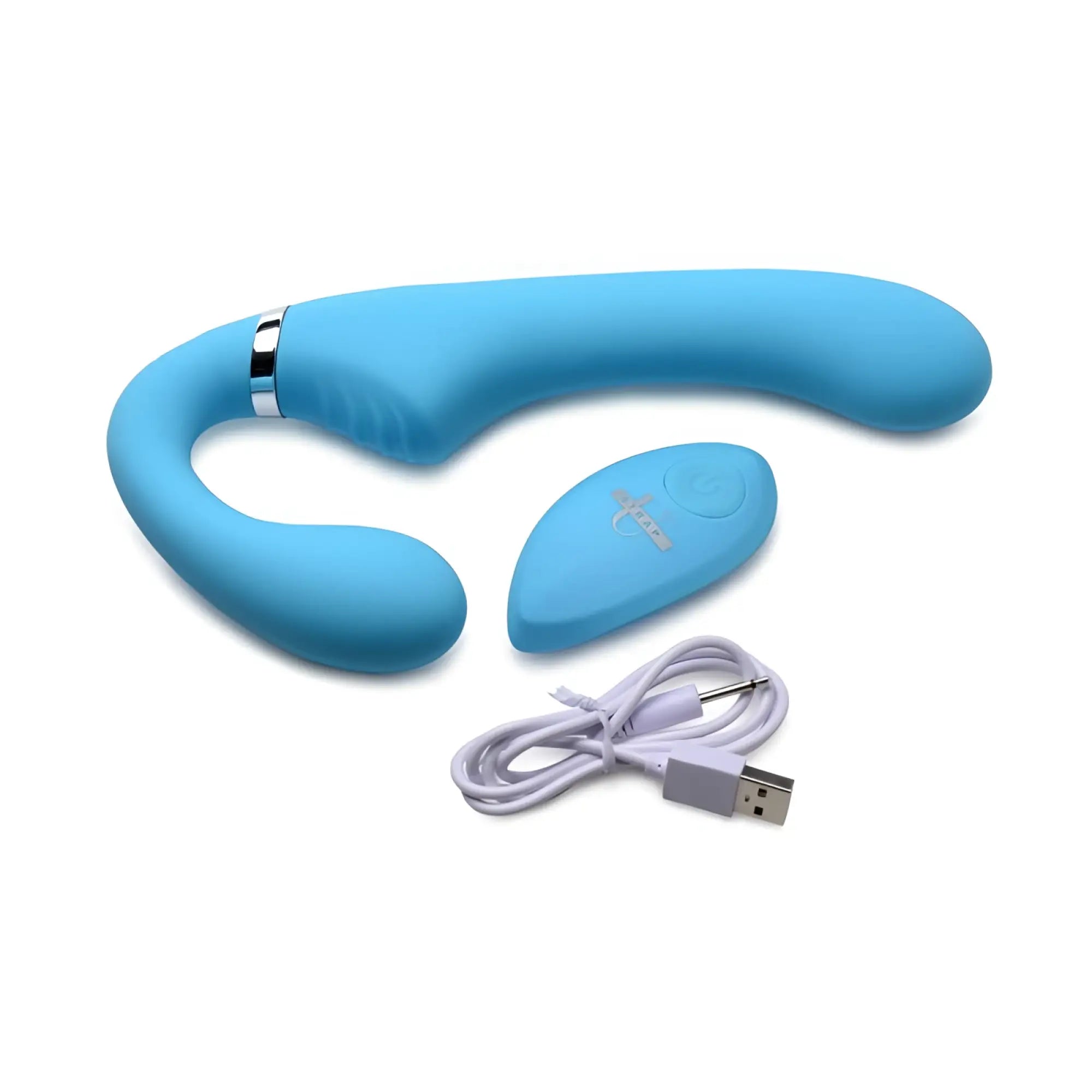 Blue silicone curved vibrator with silver band and matching remote from strap u mighty rider 10x strapless strap-on set
