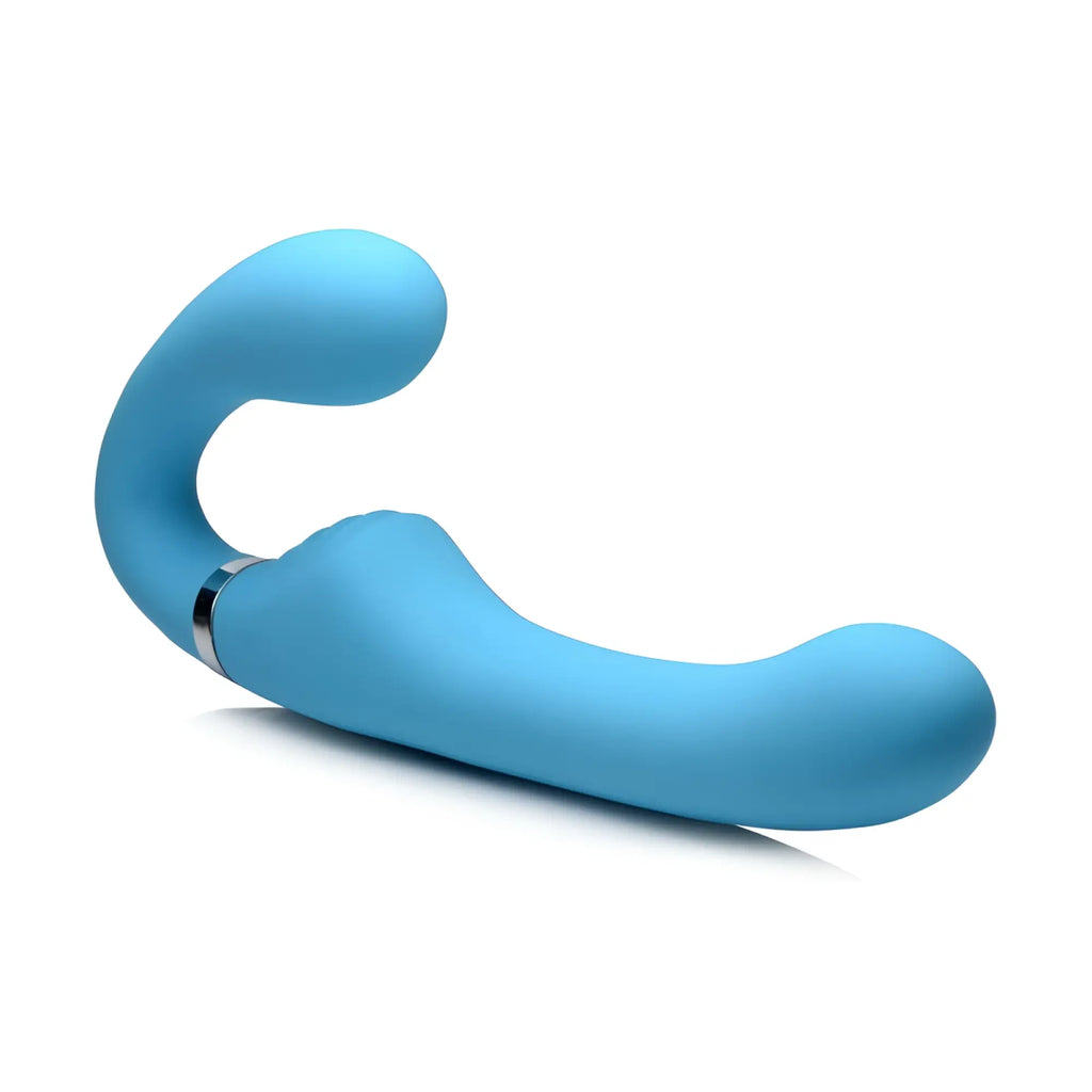Blue silicone dual-headed strapless strap-on vibrator with metallic silver band and remote control for versatile use