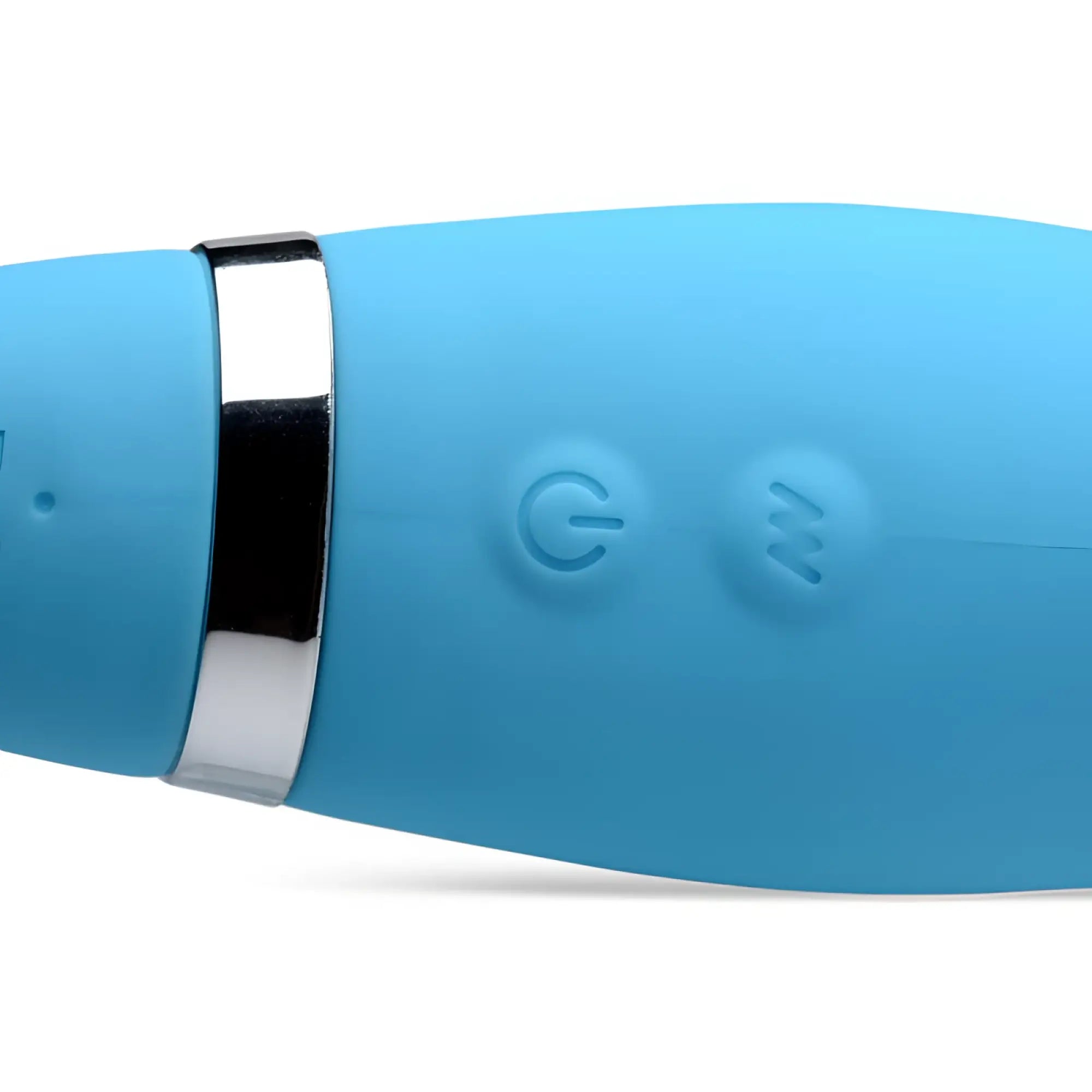Strap u mighty rider 10x strapless strap-on in light blue silicone with silver band and embossed control buttons